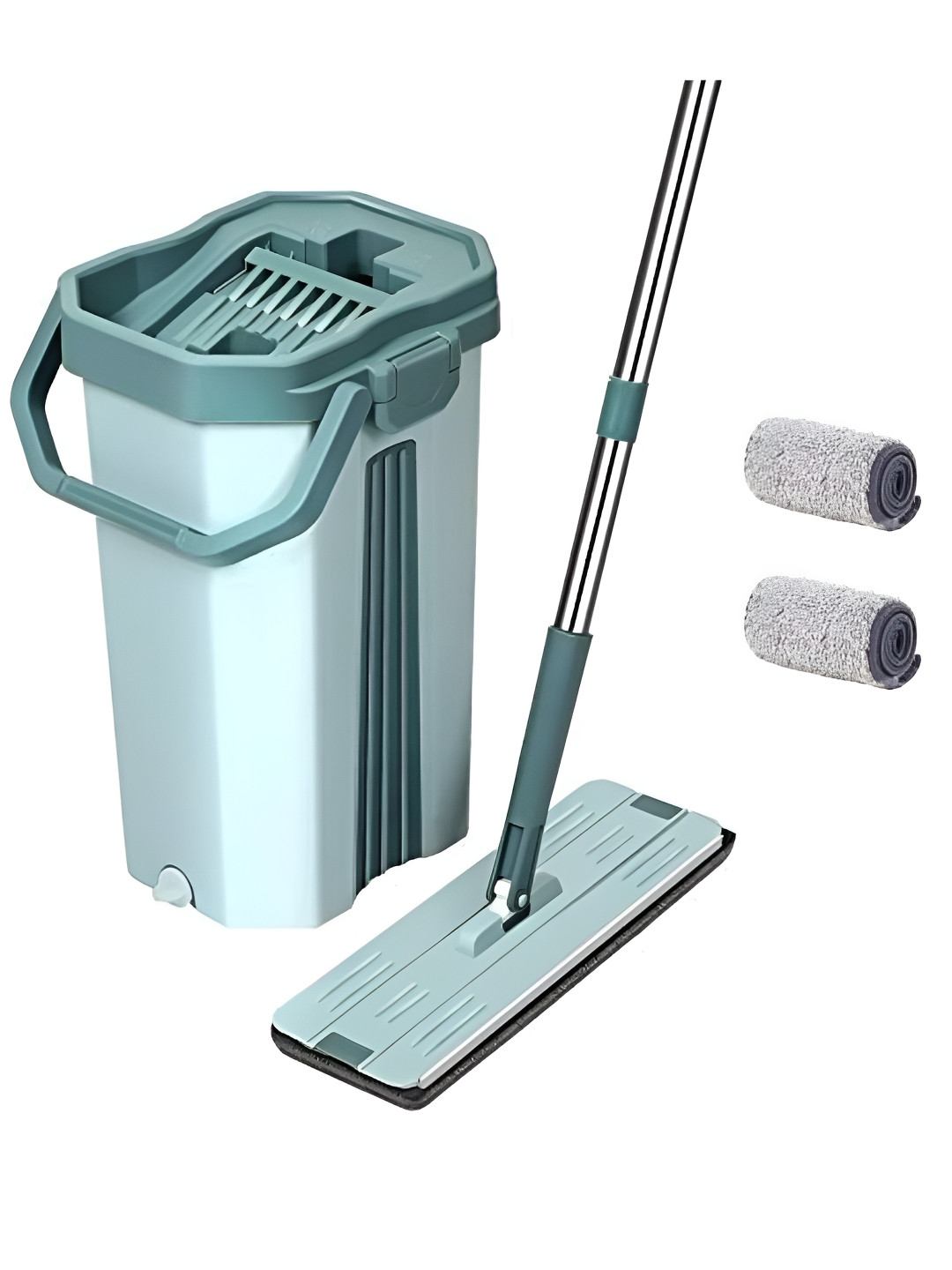 upkaranwale Green Reusable Dust Mop With 2 Soft Refill Pads Flat Mop & Bucket Set