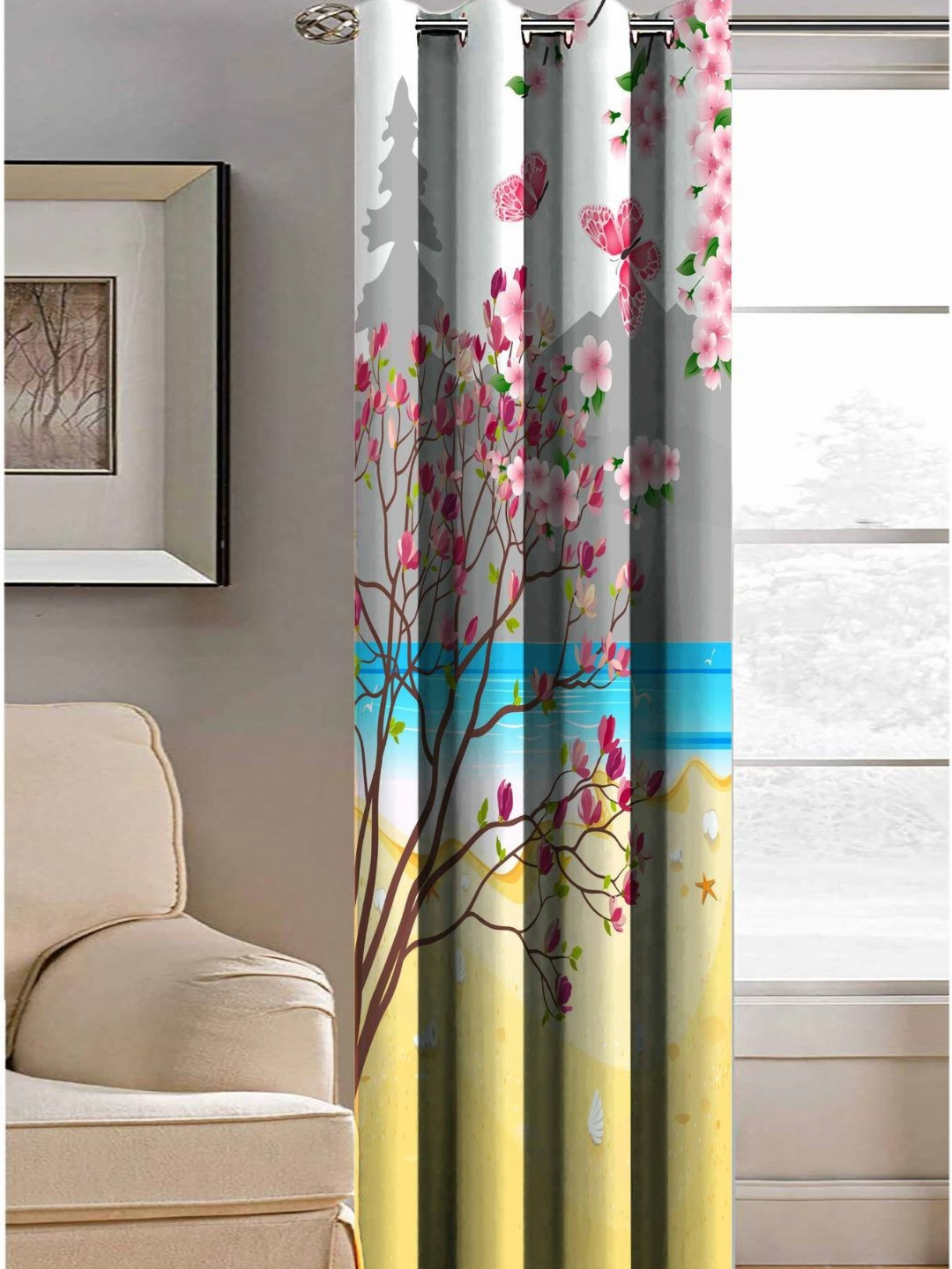 Aura Pink & Blue Beach Butterfly Printed Light Blocking Door Curtain