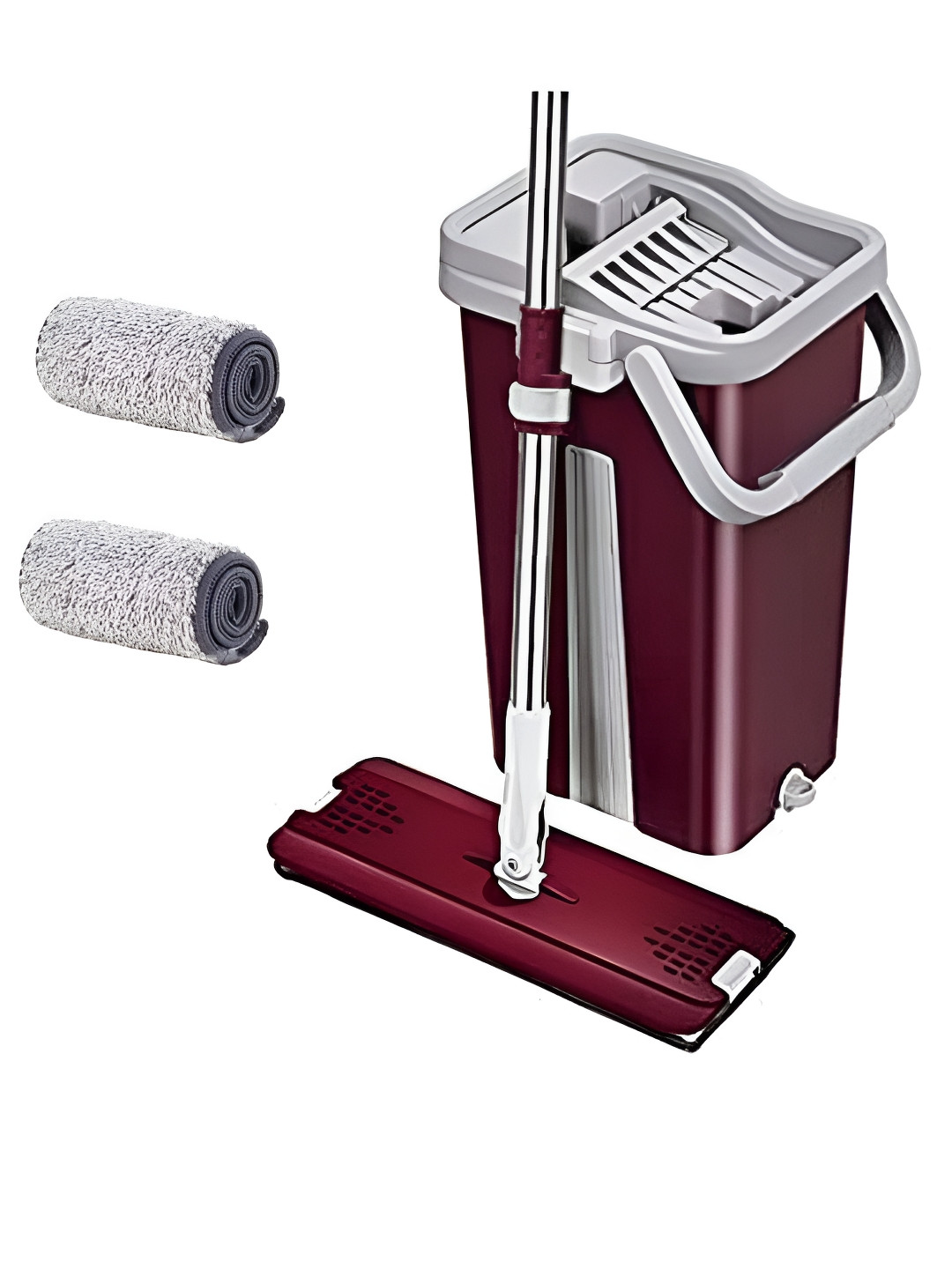 upkaranwale Maroon & Grey Reusable Dust Mop With 2 Soft Refill Pads Bucket Set