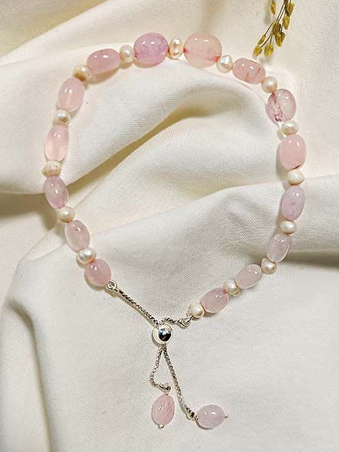 INARI SHINES 925 Silver Fresh Water Pearl And Rose Quartz Bracelet