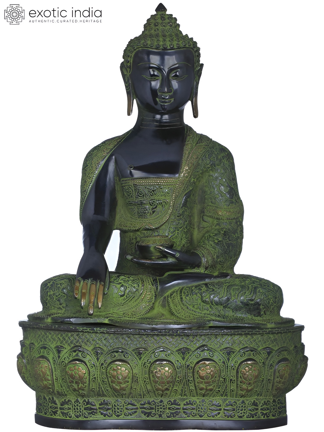 Exotic India Lord Buddha in Bhumisparsha Mudra Black Brass Metallic Home Office Large Showpiece - 21 Inches