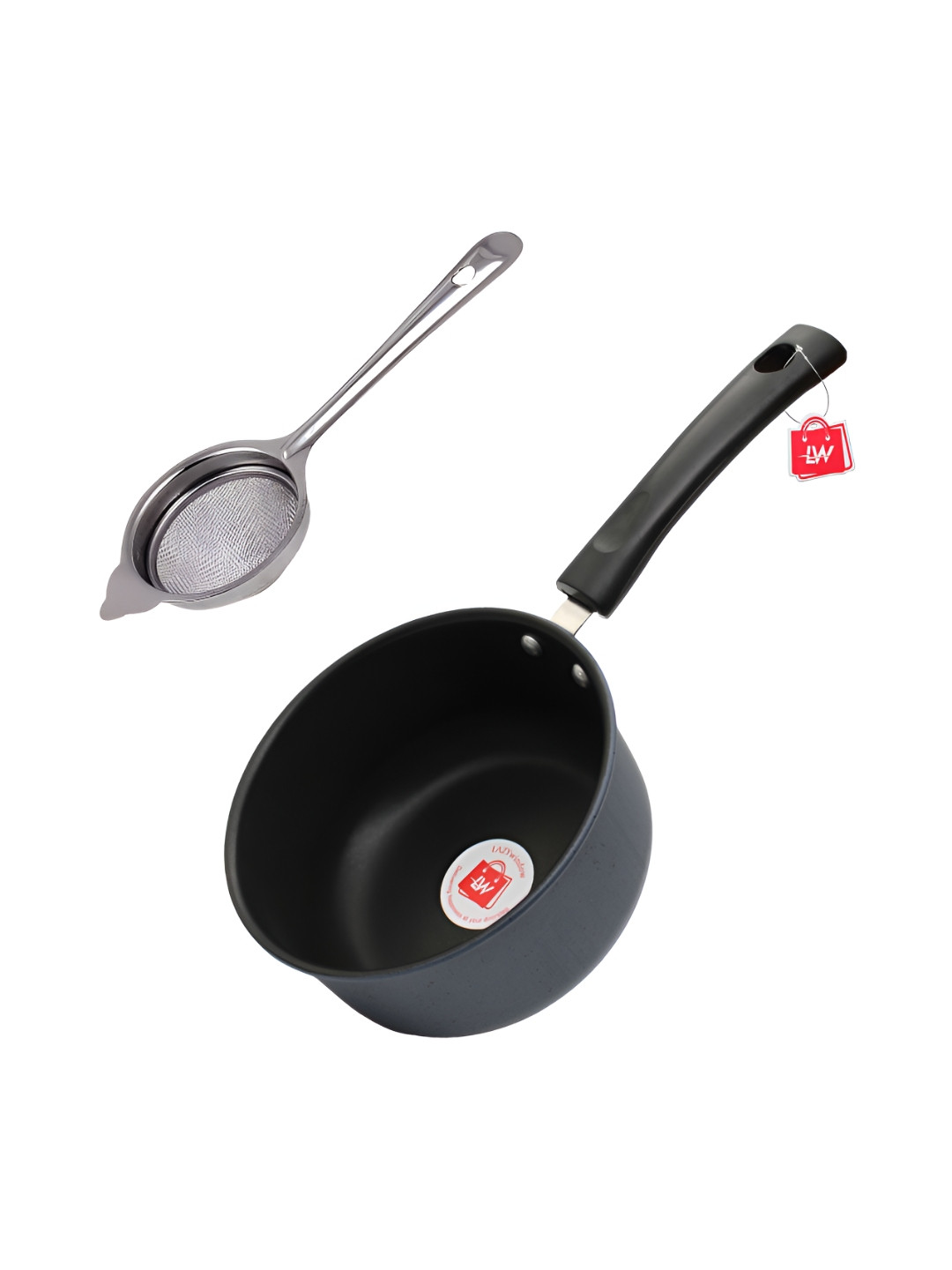 LAZYwindow Grey & Black 2 Pieces Nonstick Sauce Pan With Tea Strainer