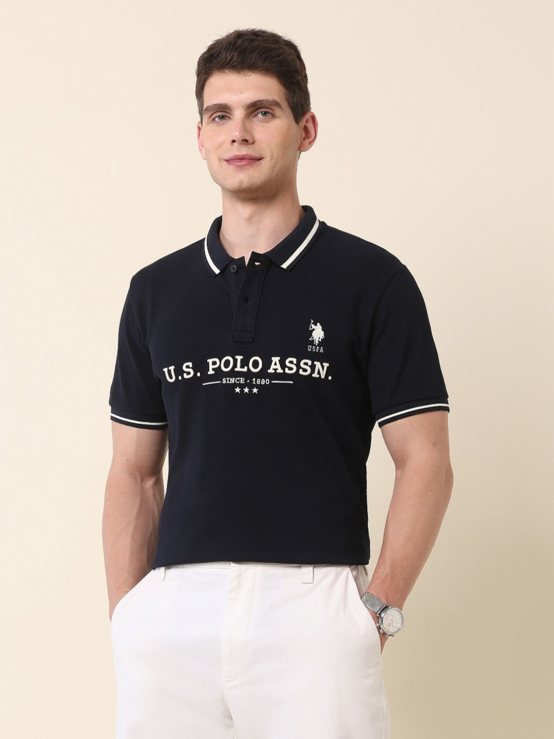 U.S. Polo Assn. Men Brand Logo Embroidered Gold Cup Polo Collar T-shirt