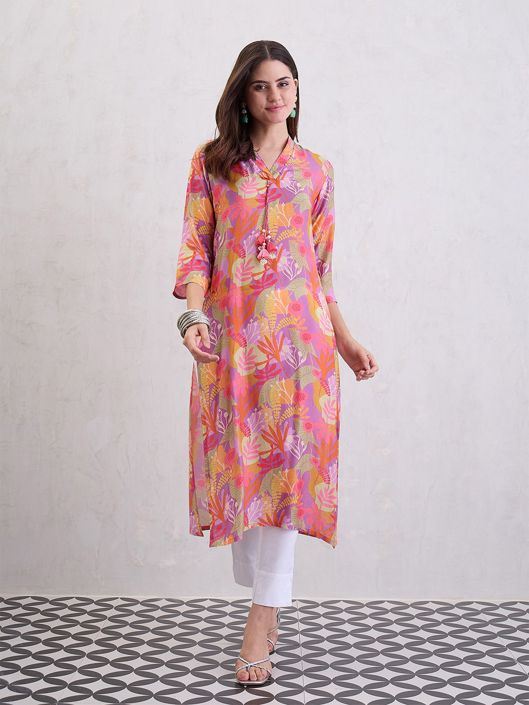 CHETI Digital Printed Straight Kurta Emblished With Thread and Tassels Over On Yoke