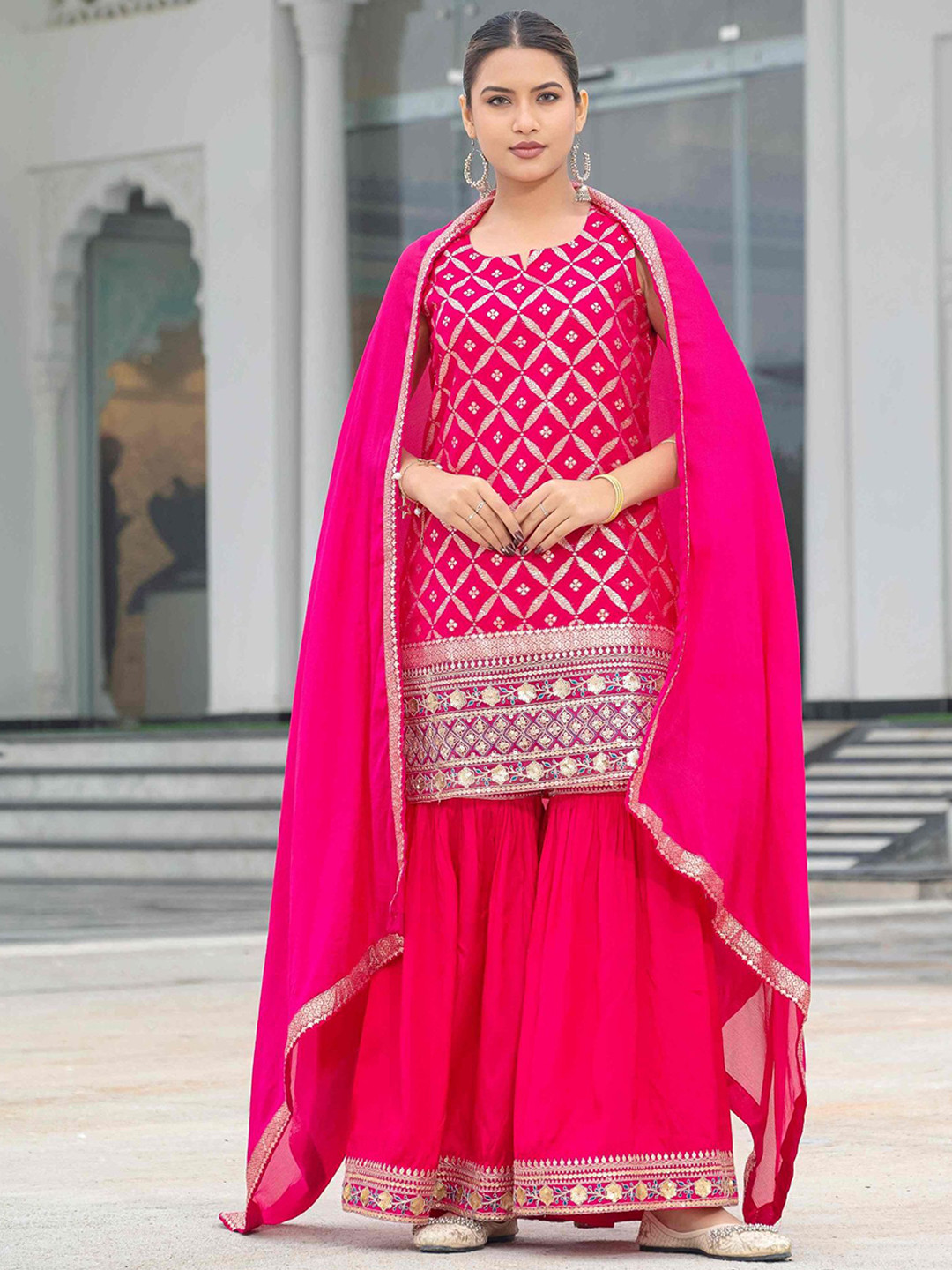 Aralia Women Bandhani Printed Sequinned Regular Straight Kurtas & Sharara With Dupatta