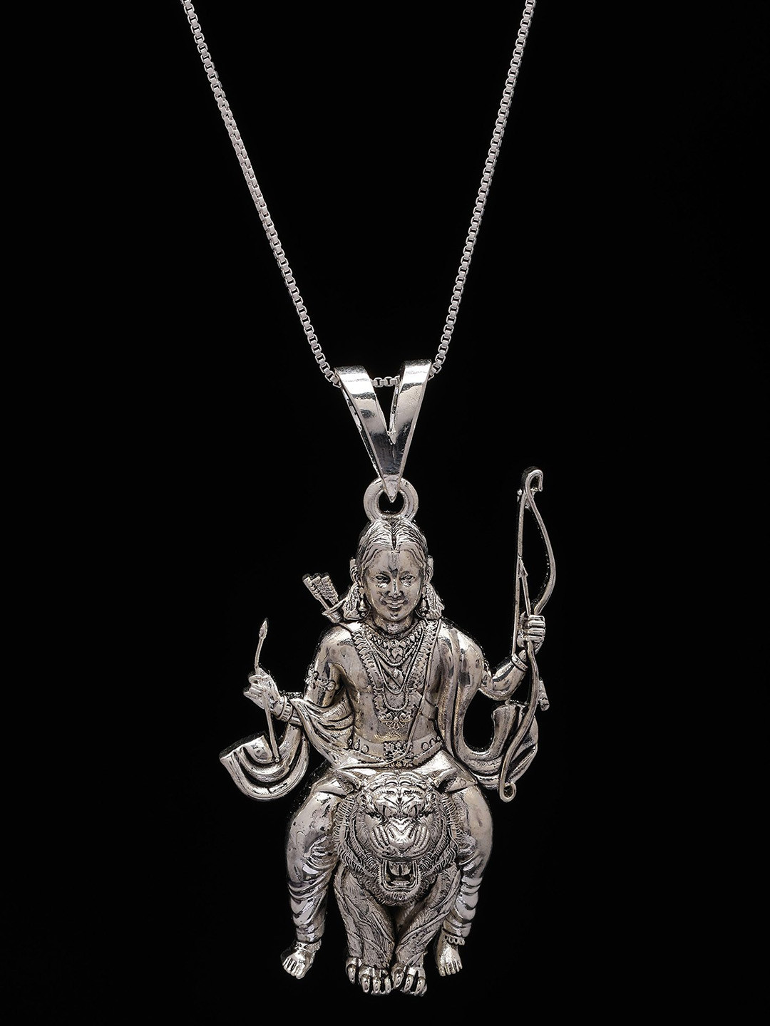 Exotic India Unisex 925 Sterling Silver Ayyappa Swamy Seated on Tiger Pendant