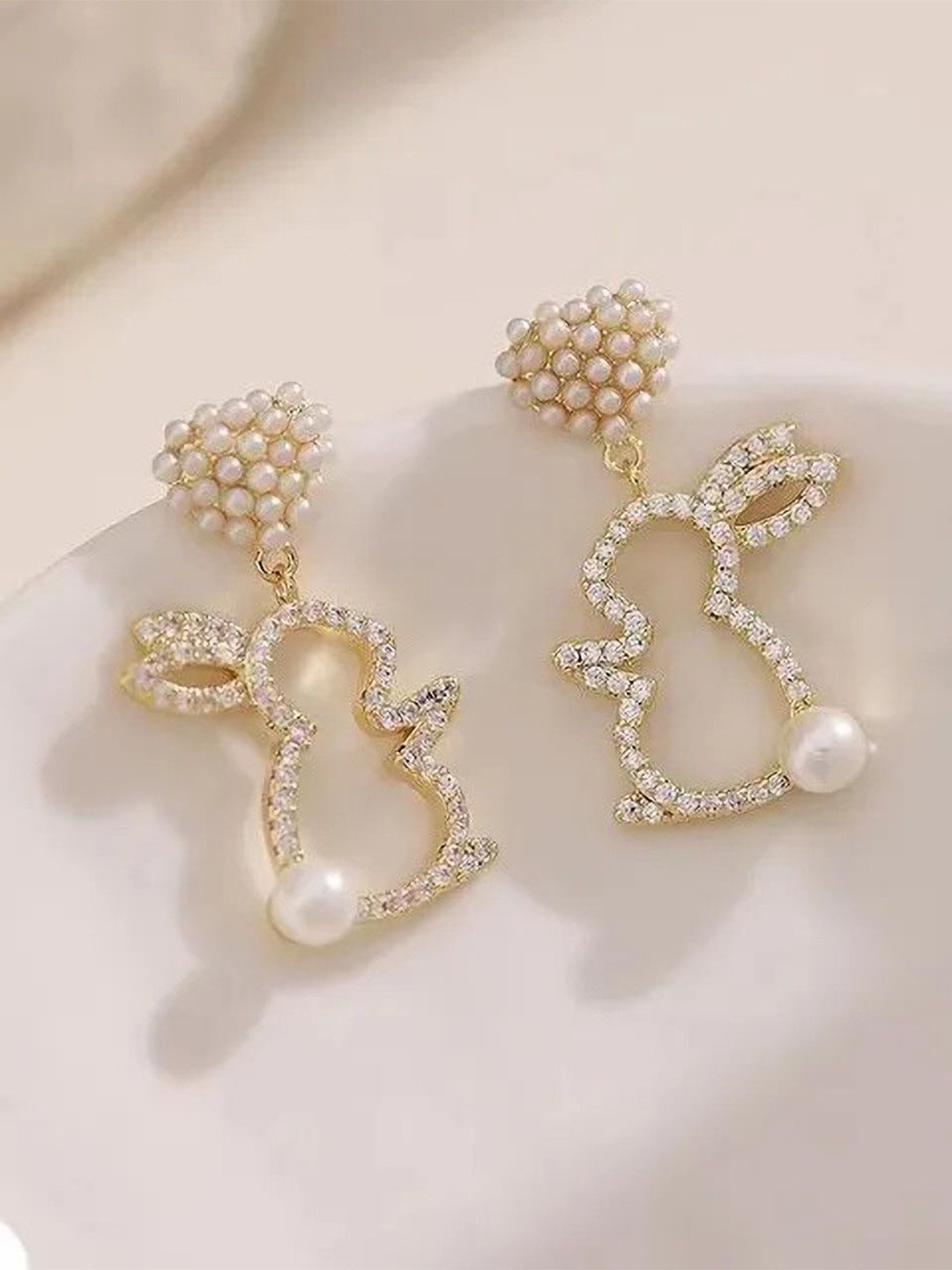 SZN Korean Artificial Stones & Pearls Studded Bunny Shaped Drop Earrings