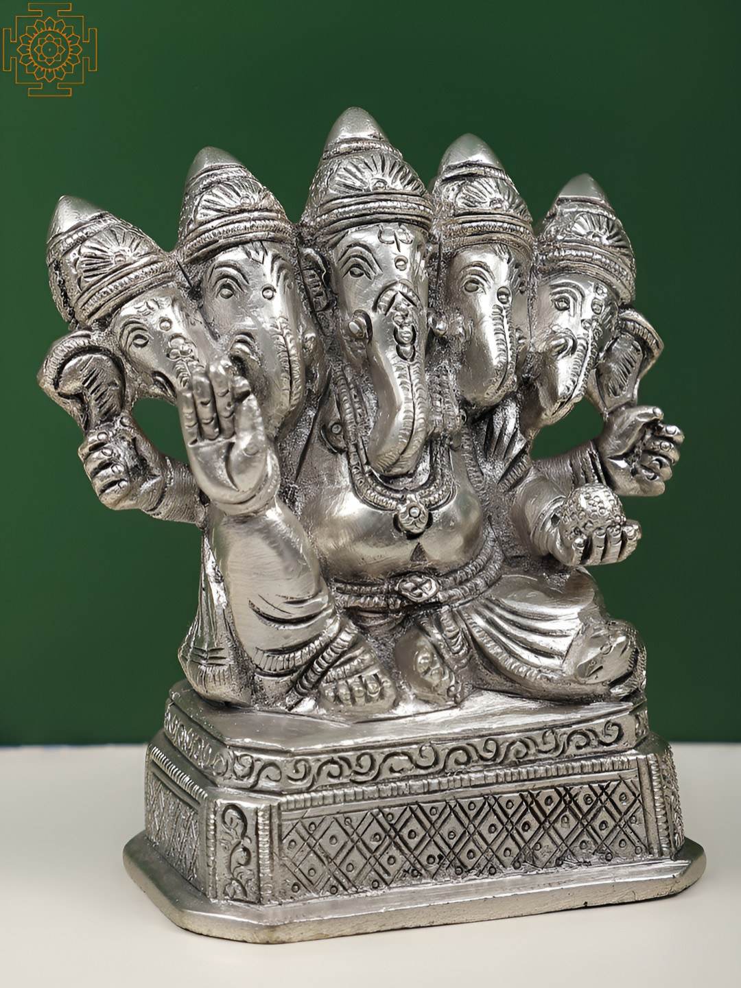 Exotic India Panch-Mukhi Ganesha Silver Brass Metallic Prayer Room Medium Showpiece - 4.5 Inches