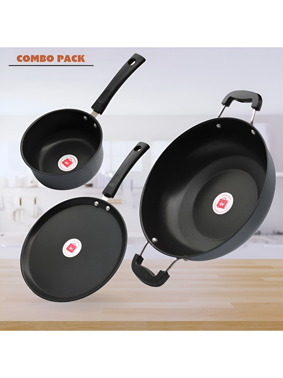 LAZYwindow Black 3 Pieces Iron Tawa, Kadhai And Sauce Pan