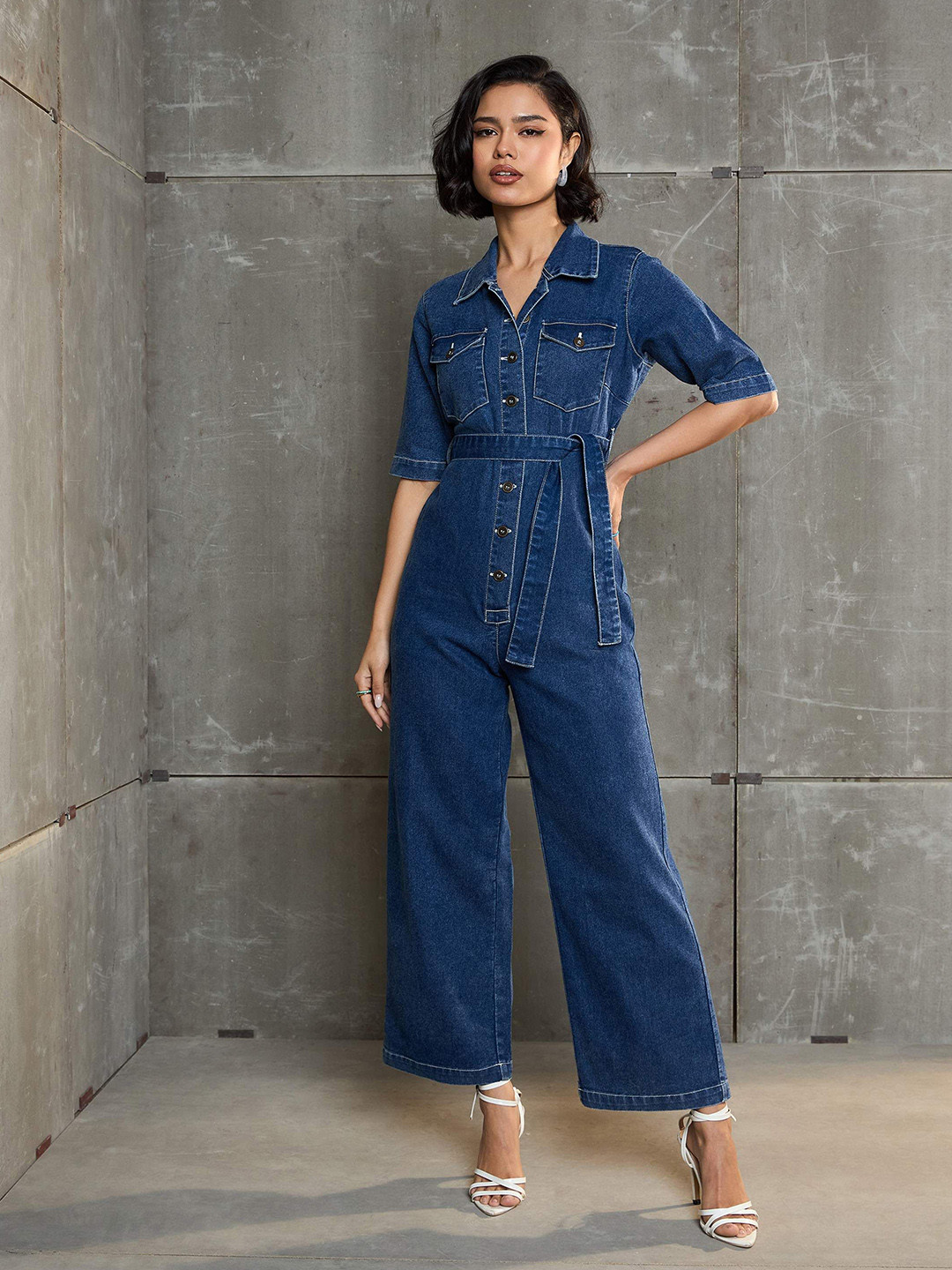 SASSAFRAS Women Short Sleeve Denim Jumpsuit
