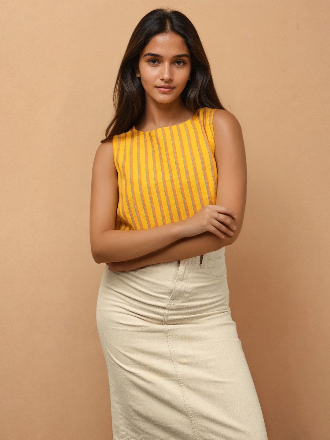 SPARROW Women Striped Mustard Crop Top