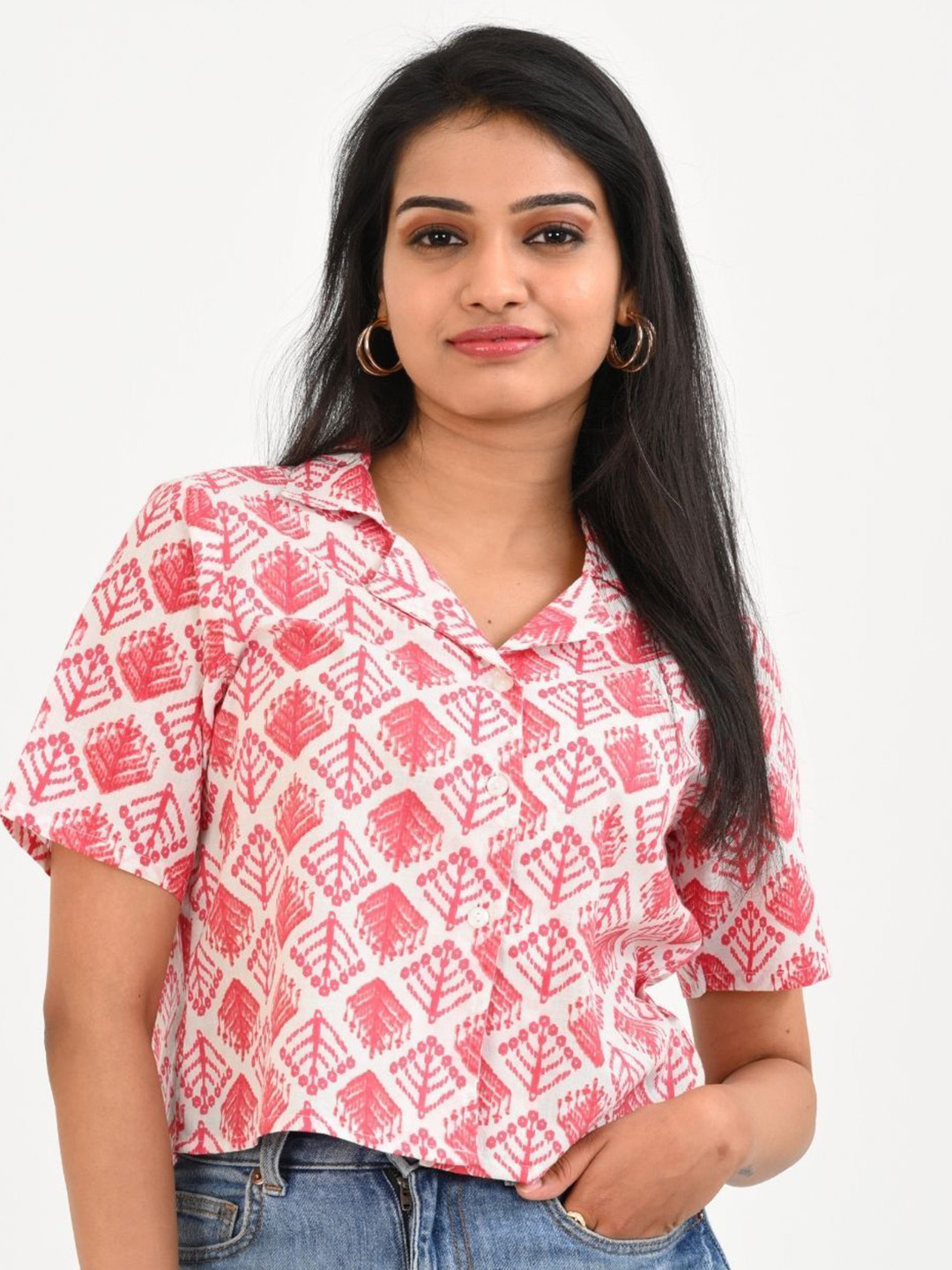 30 Looks Geometric Print Shirt Collar Cotton Shirt Style Top