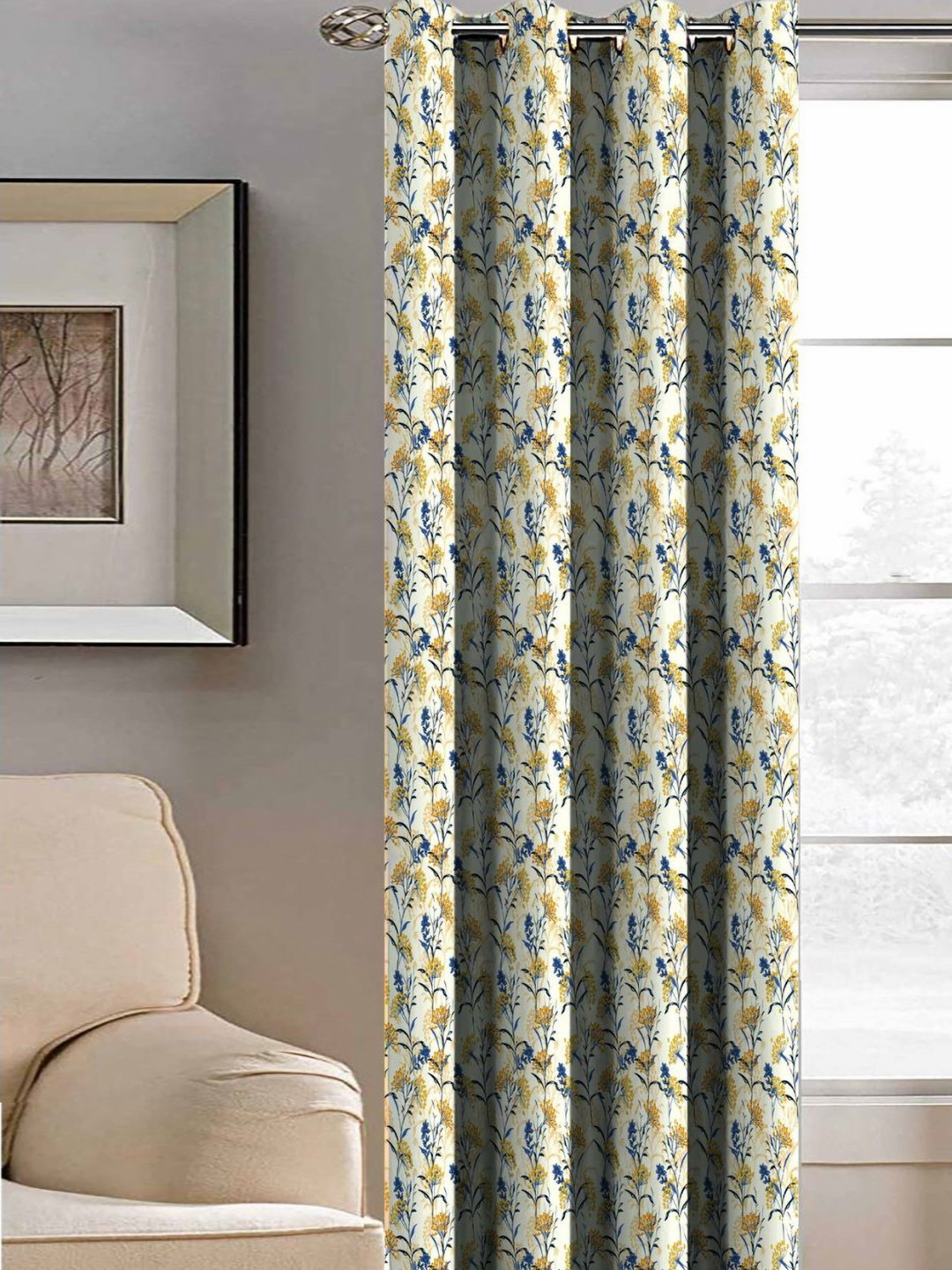 Aura Beige & Blue Floral Printed Door Curtain