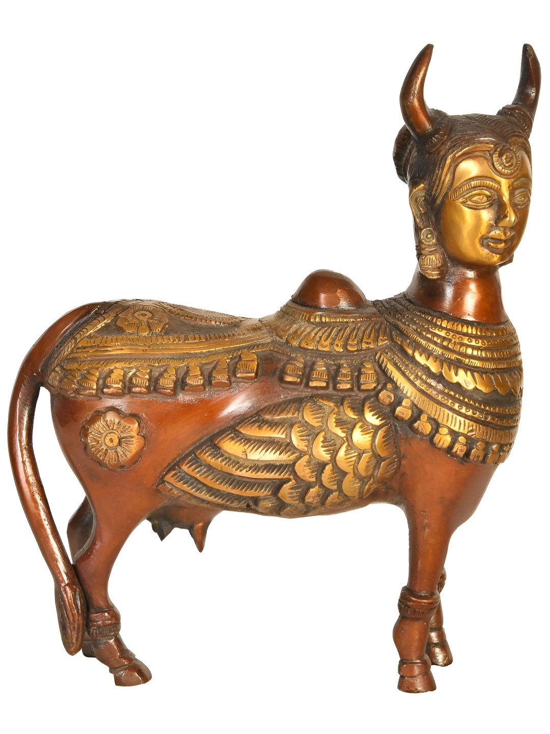 Exotic India Kamadhenu Brown Brass Natural Prayer Room Small Showpiece - 7.7 Inches