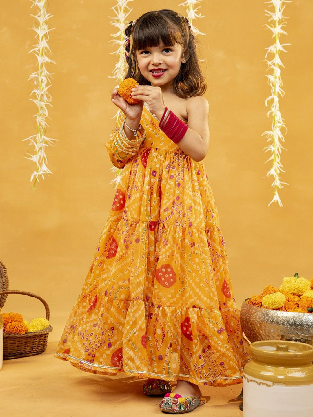 Jilmil Girl Bandhani Printed One Shoulder Maxi Ethnic Dresse