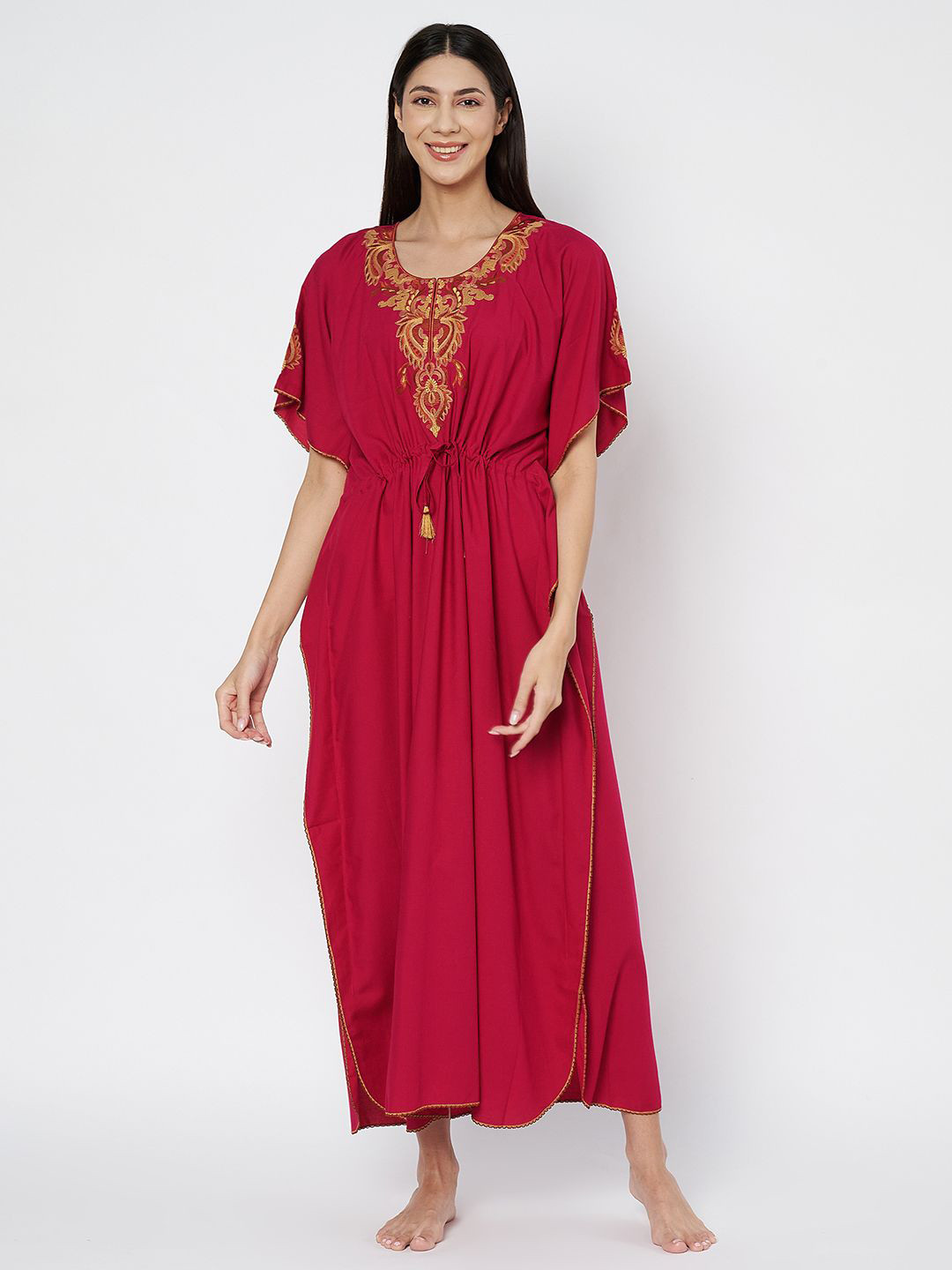 KOI Women Solid SLEEPWEAR Tie-Up Neck Maxi Dress