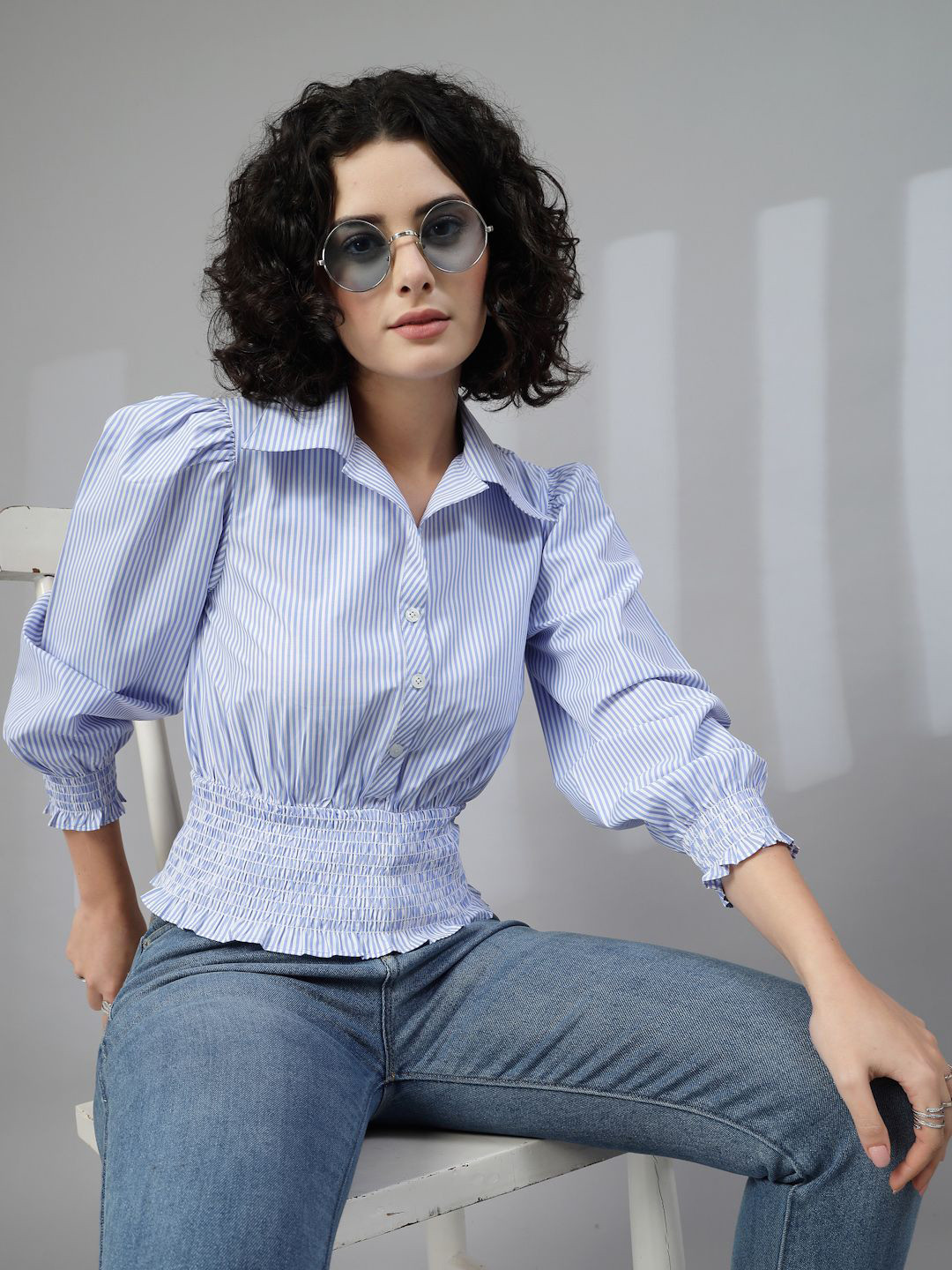 JEFF COOPER Women Vertical Stripes Puff Sleeve Regular Shirt Style Tops