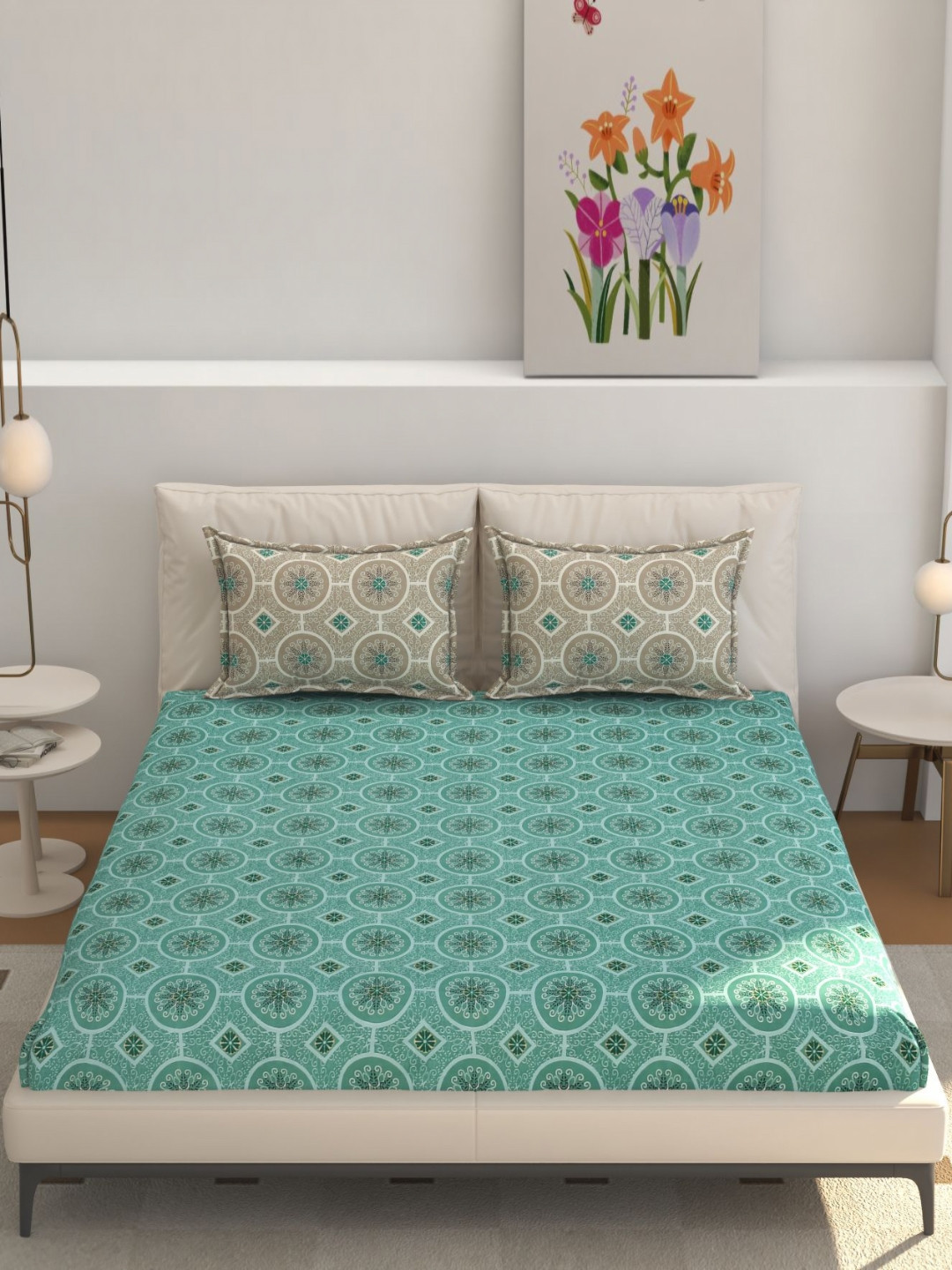 REALDREAM Presents Luxurious Green Floral Cotton 300 TC Fitted King Superfine Bedsheet with 2 Pillow Covers-108 x 108 inches