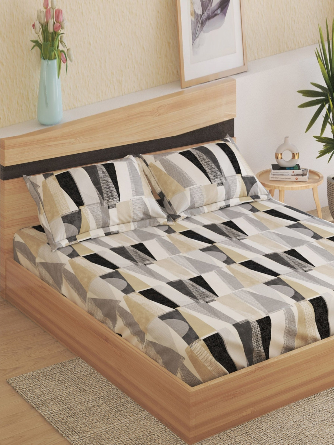 Home Centre Juniper Prato Grey Abstract Polyester 160 TC Queen Bedsheet with 2 Pillow Covers-94 x 87 inches