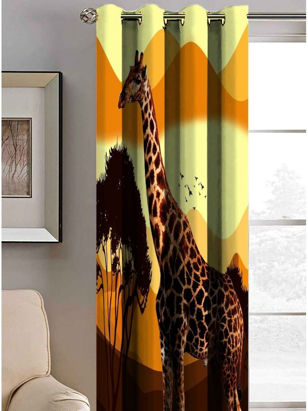 Aura Yellow & Orange Giraffe Printed Light Blocking Long Door Curtain