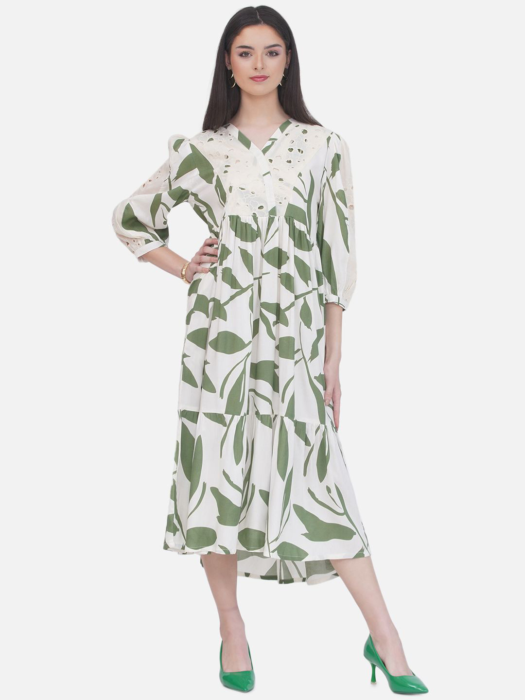 bellamia Tropical Print Schiffli A-Line Midi Dress