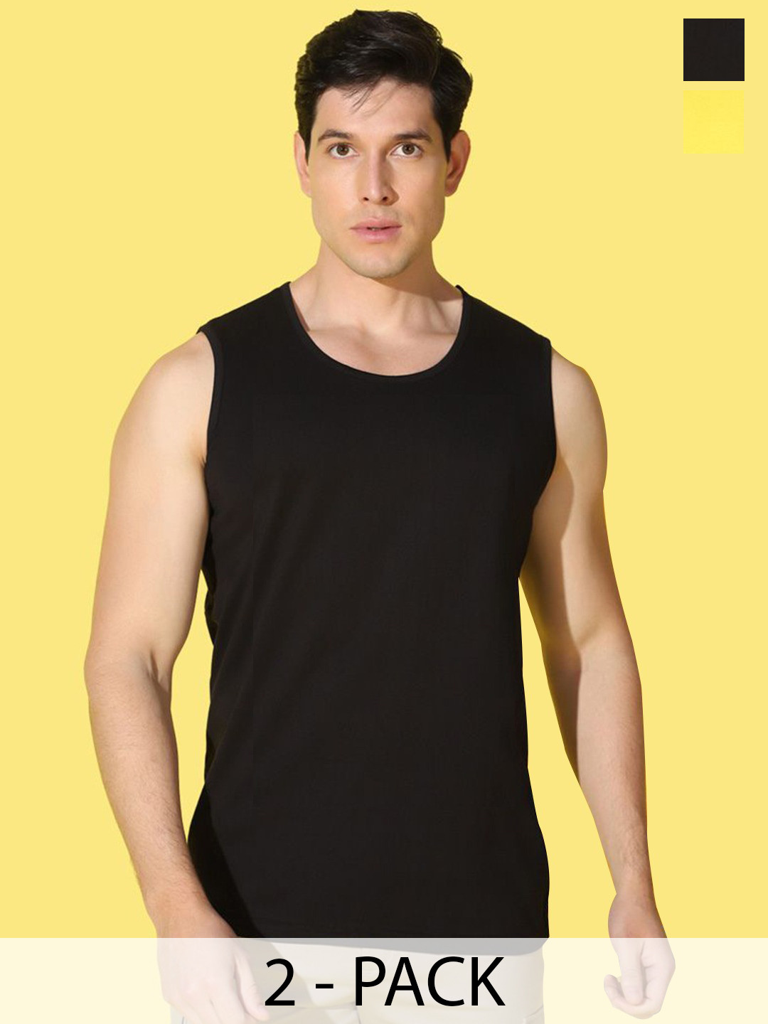 WOOSTRO Pack Of 2 Printed Gym Vests VWS26(MORE YELLOW)(PLAIN BLACK)