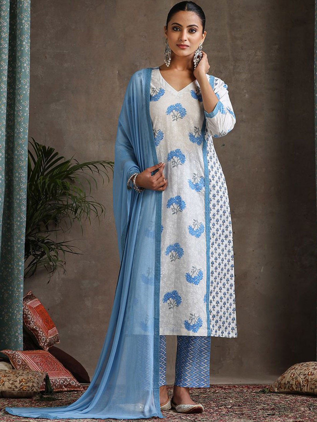 Khushal K Women Floral Printed Cotton Kurta with Palazzo & Dupatta