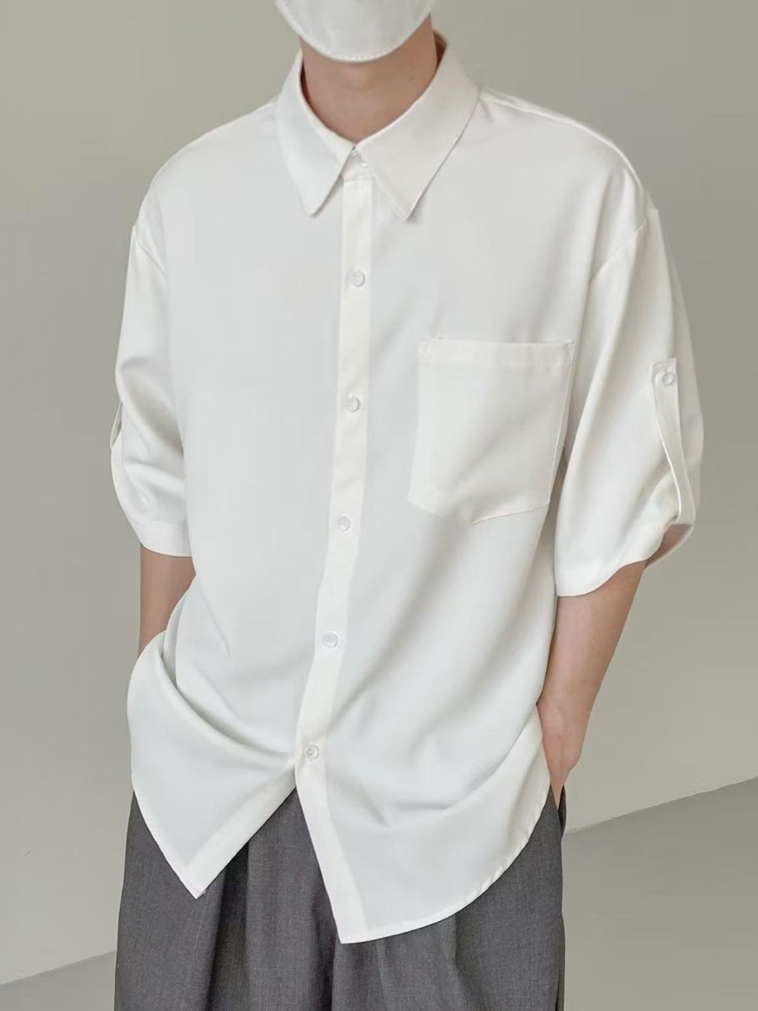 White Solid Casual Shirt with Spread Collar