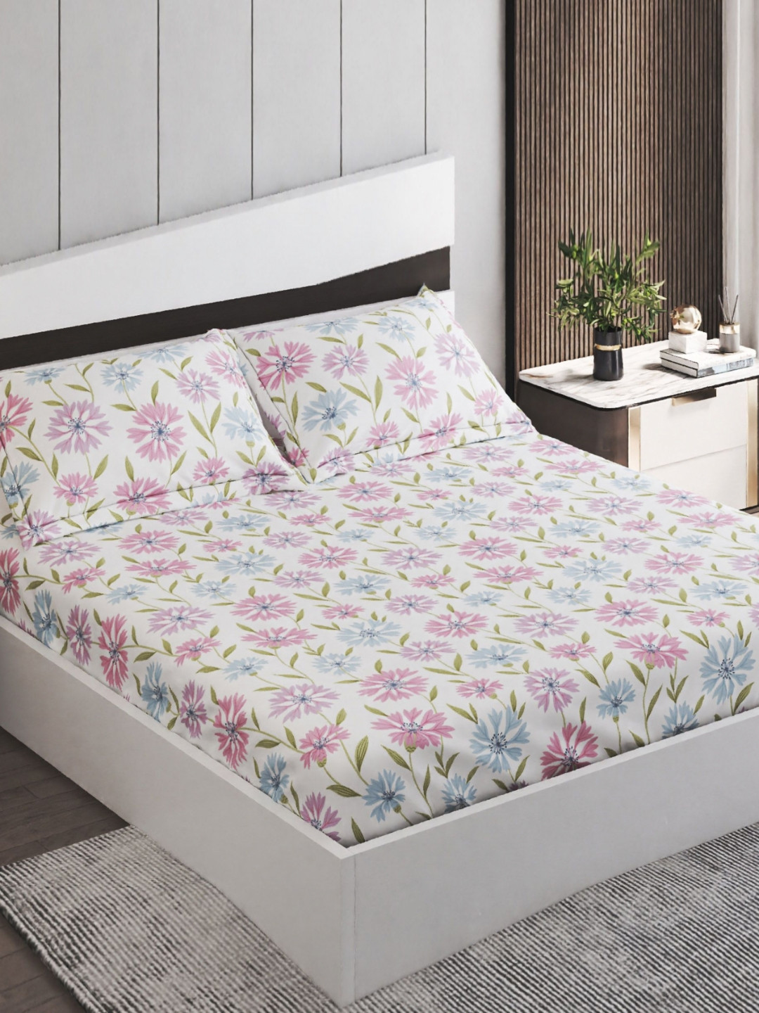 Home Centre Juniper Pink Floral Polyester 160 TC Fitted Queen Bedsheet with 2 Pillow Covers-94 x 87 inches