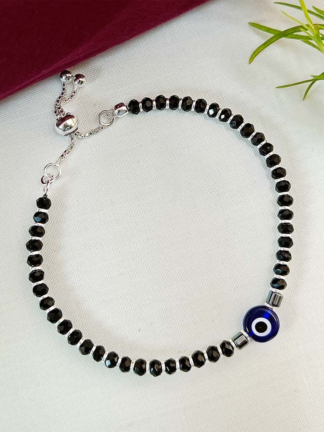 INARI SHINES Women 925 Silver Evil Eye Black Beaded Bracelet