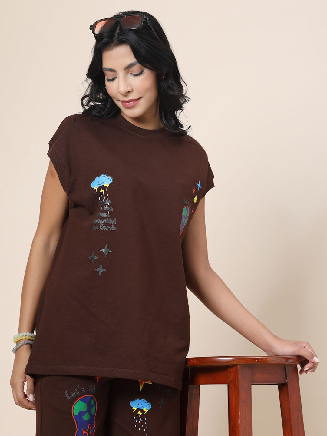 VESTIDO MODAS Women Graphic Printed Round Neck Cotton Oversized T-shirt