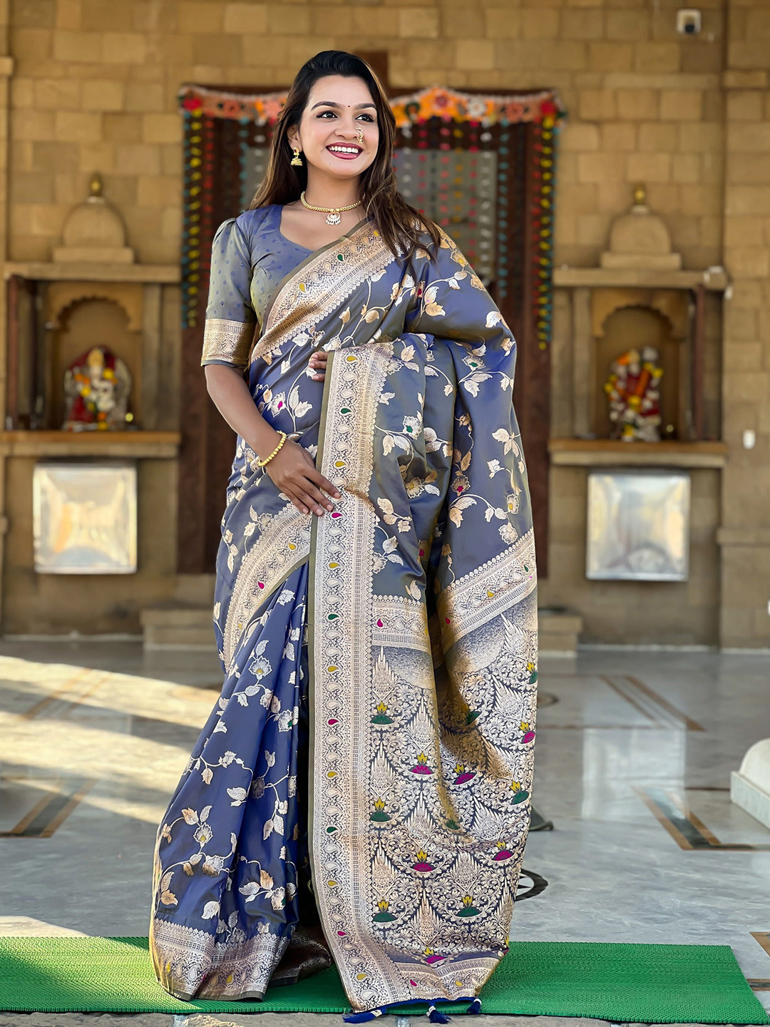 KALINI Woven Design Floral Printed Zari Banarasi Saree