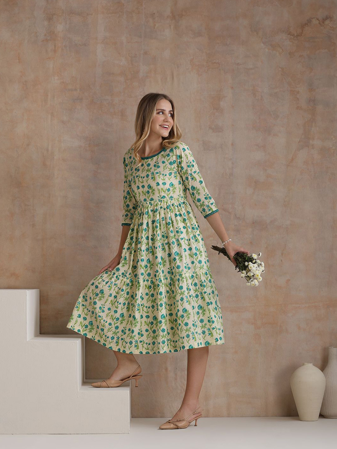 Khushal K Women Floral Print Tiered Fit & Flare Midi Dress