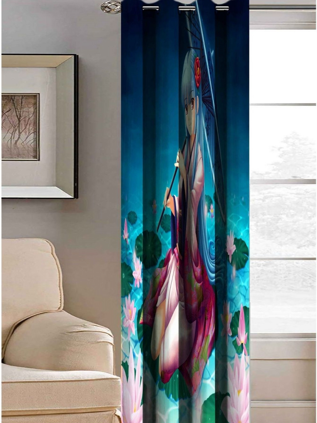 Aura Blue & Purple Door With Lotus Printed Light Blocking Long Door Curtain