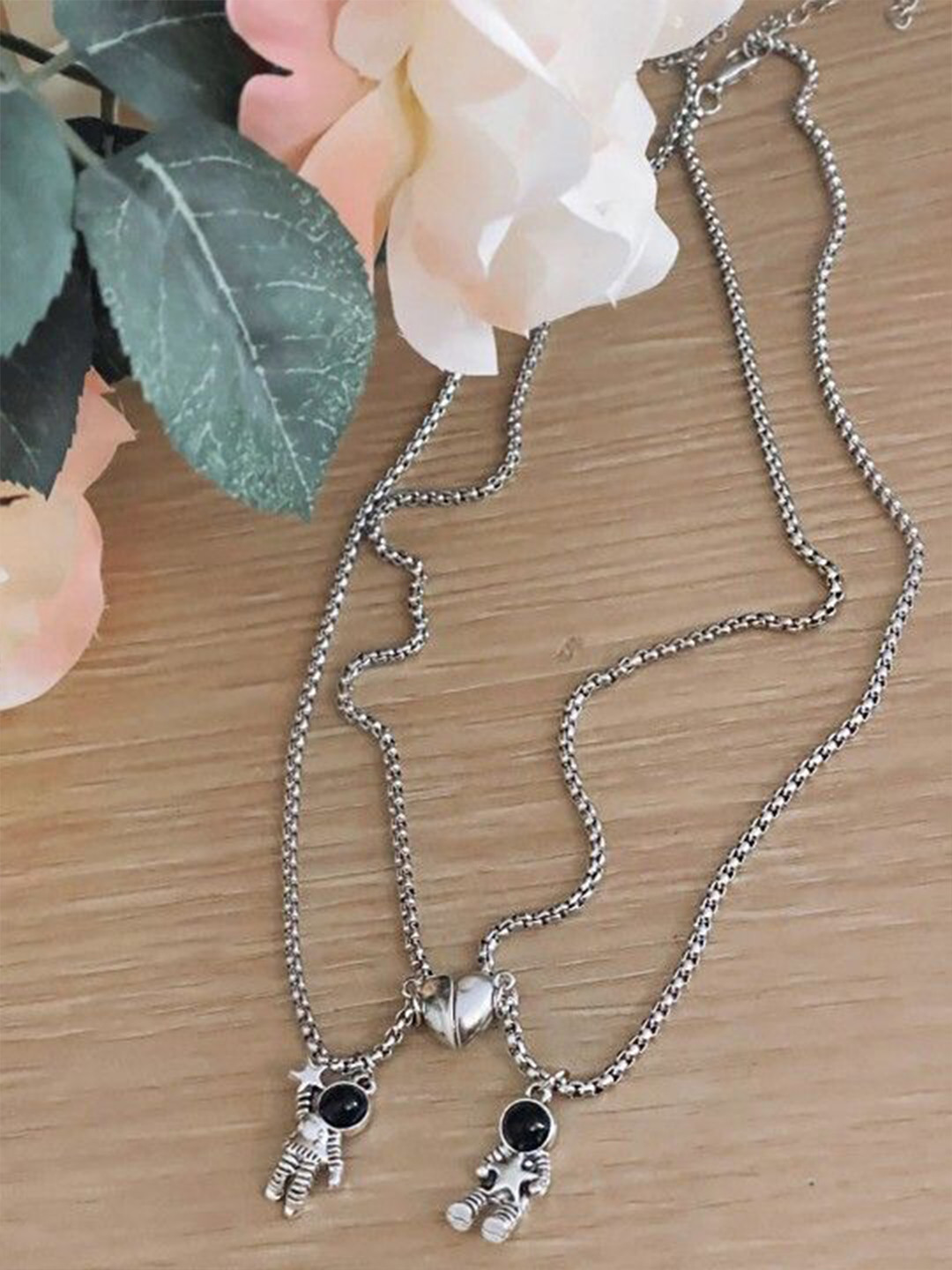 AGARWALPRODUCT Set Of 2 Silver Plated Couple Astronaut Pendants With Chains