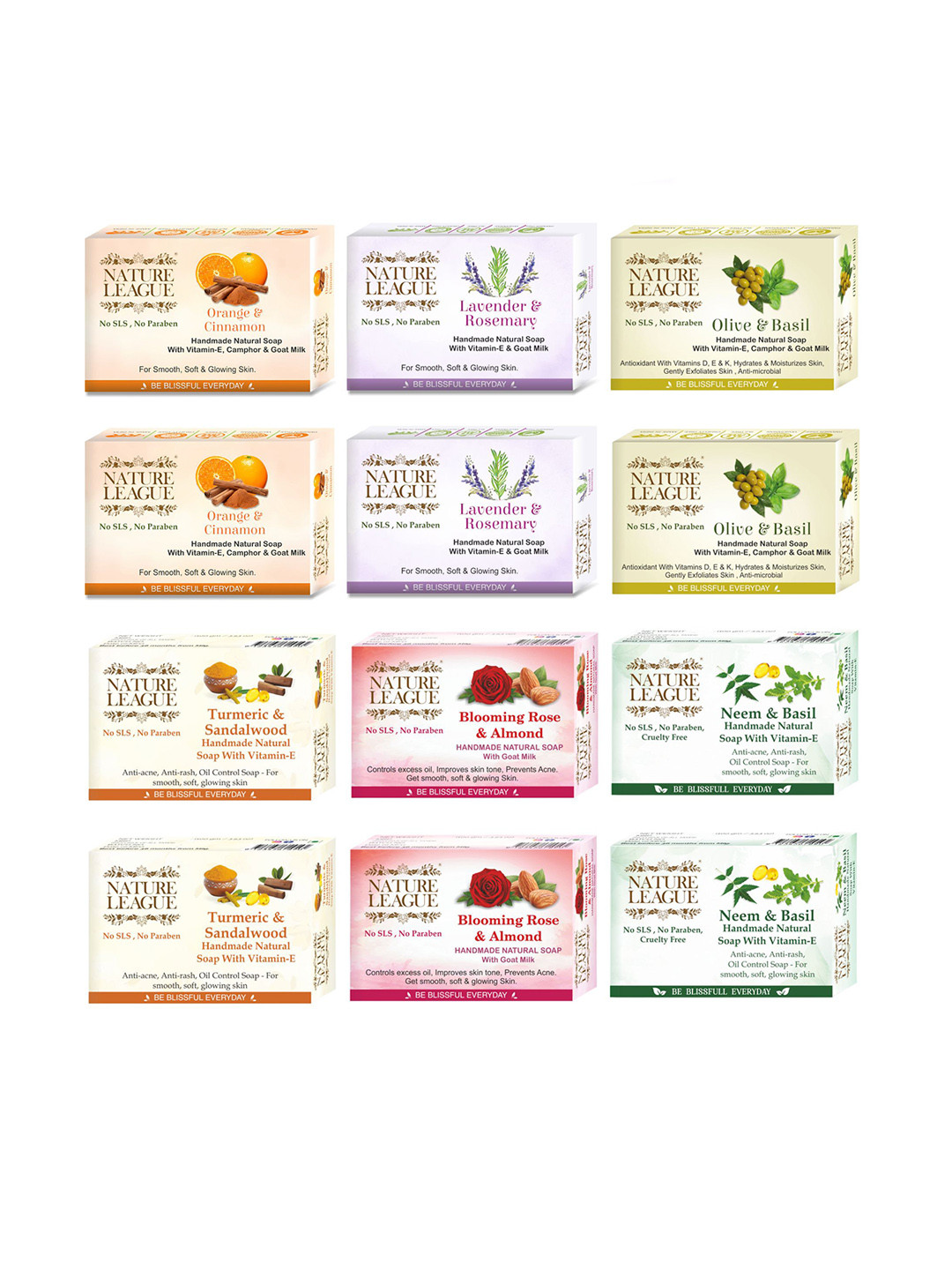 NATURE LEAGUE Set Of 12 Lavender, Orange, Olive, Turmeric & Rose Soap - 100 g Each