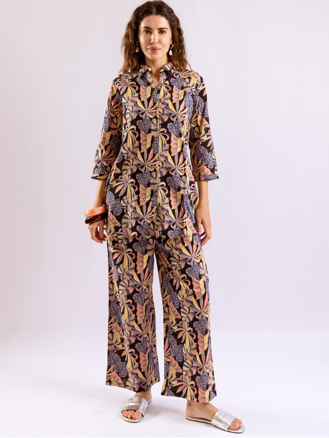 FEATHERS CLOSET Leaf Printed Shirt Cotton Co-Ord Set