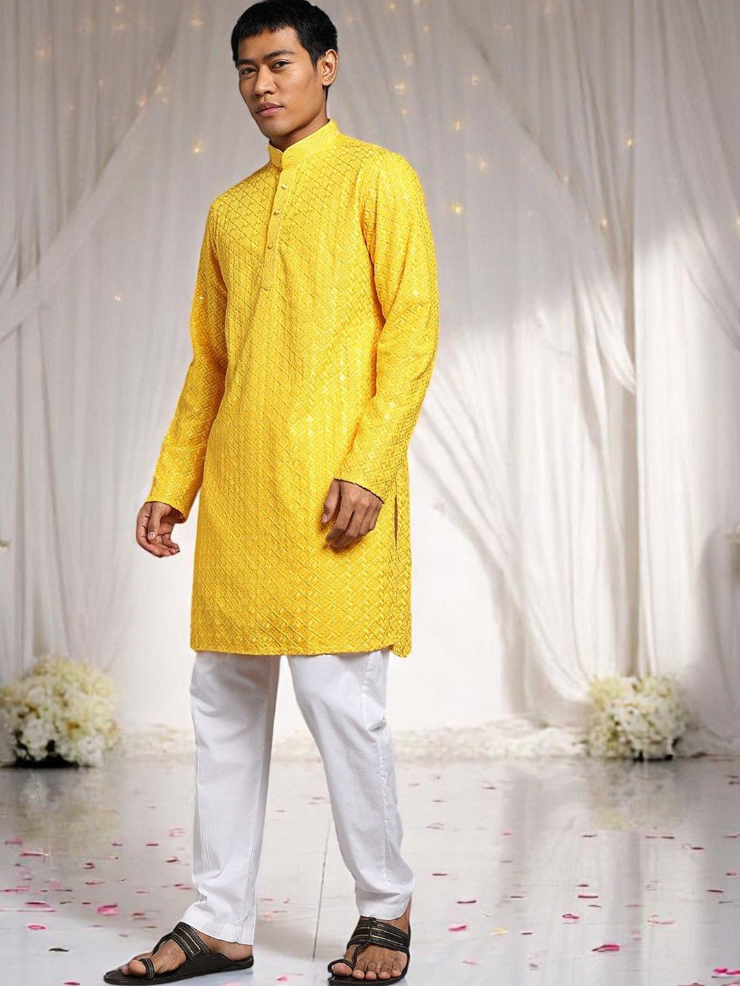 TRYBUY.IN Floral Embroidered Chikankari Long Sleeves Cotton Kurta