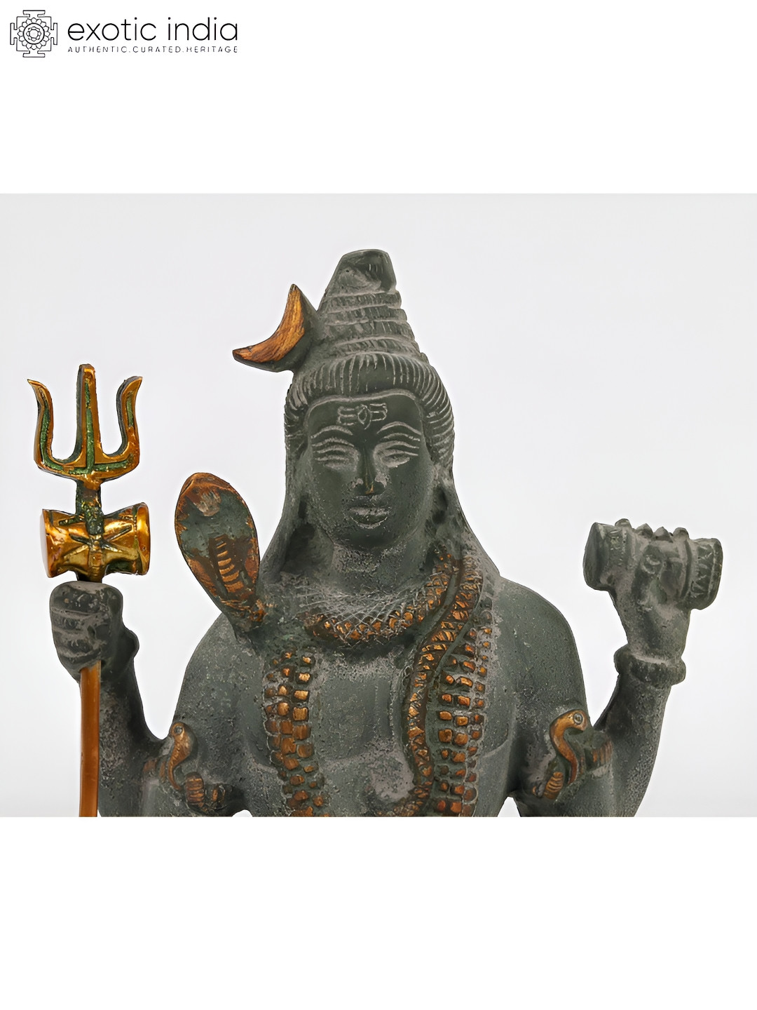 Exotic India Lord Shiva in Dhyana Green Brass Metallic Prayer Room Small Showpiece - 8 Inches