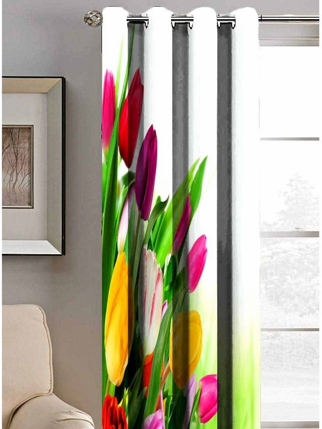 Aura Green & Pink Floral Printed Light Blocking Door Curtain