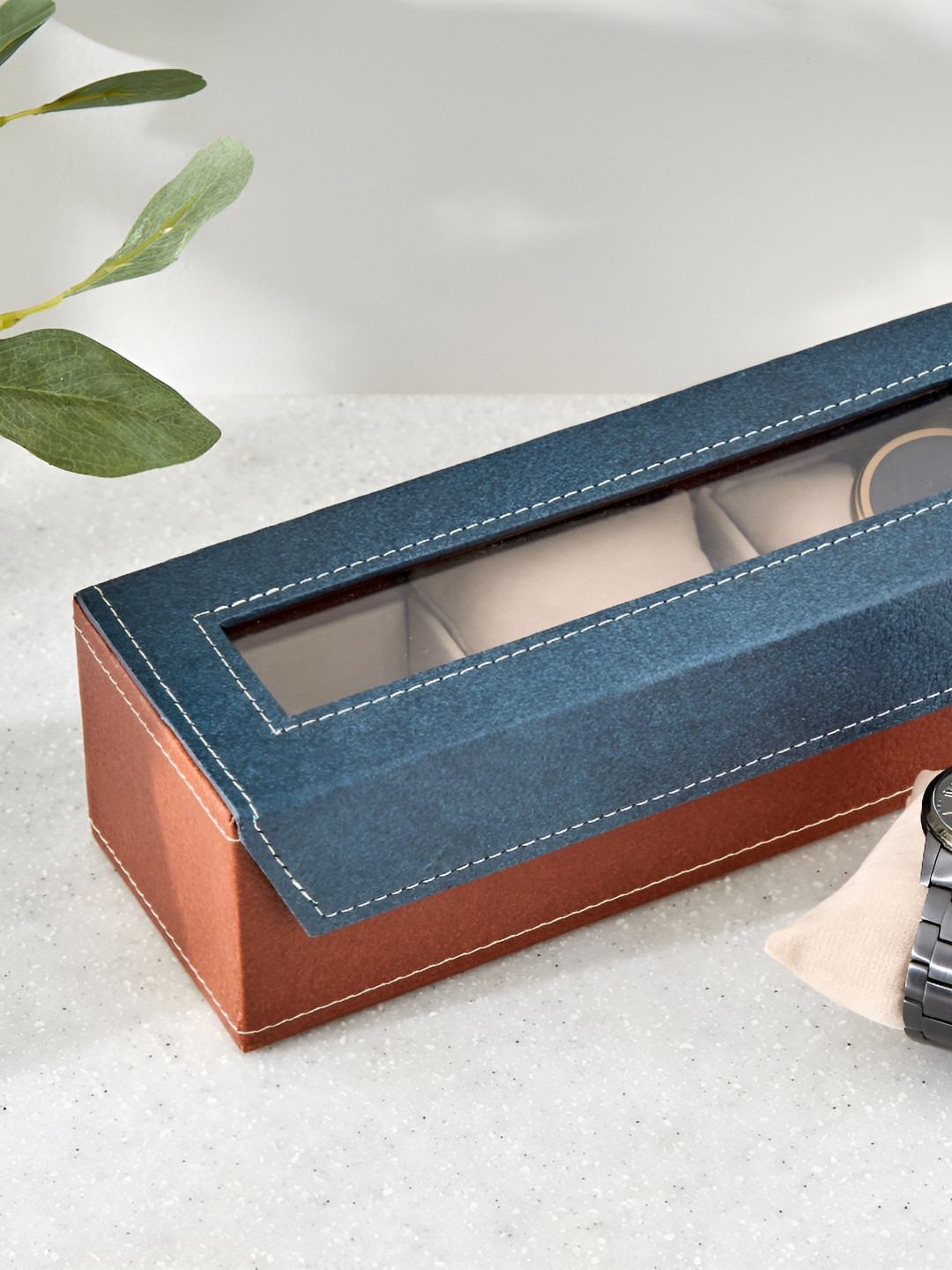 Home Centre Brown & Blue Faux Leather 3 Slots Wrist Watch Organiser Box