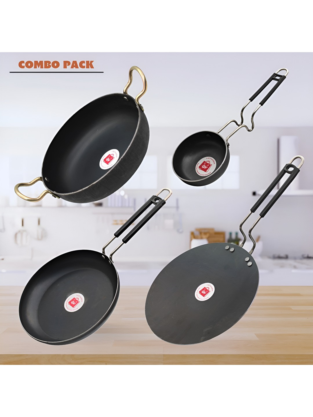 LAZYwindow Black 4 Pieces Iron Tawa, Kadhai, Tadka Pan And Fry Pan