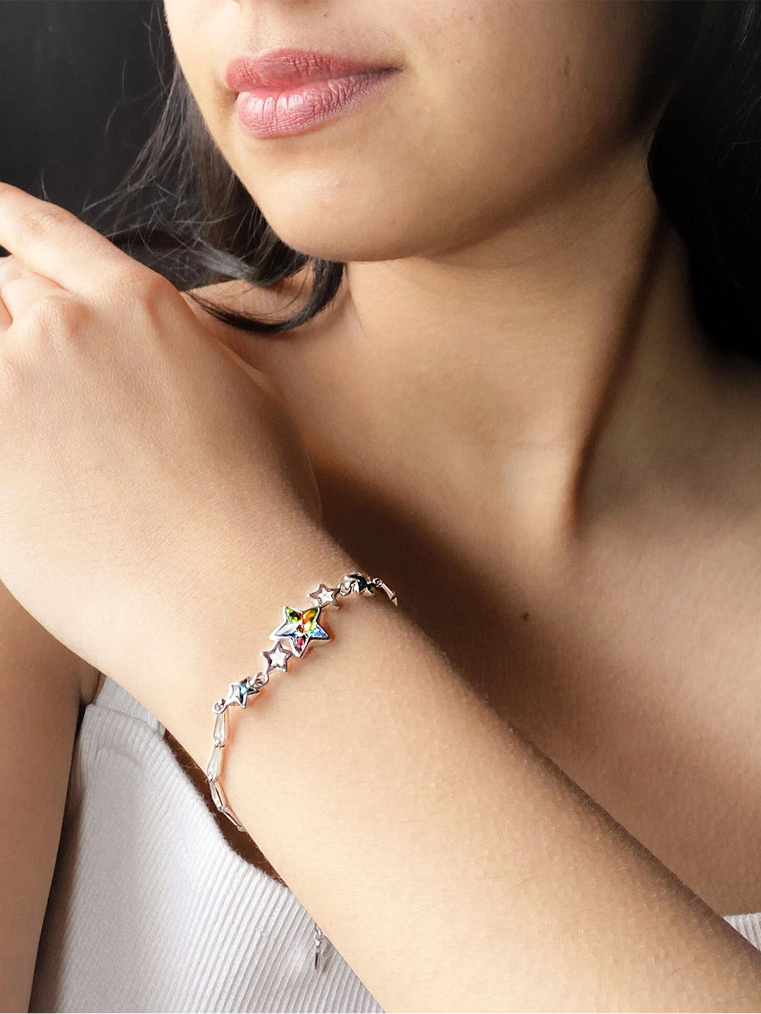 925 Silver Rhodium Plated Star Bracelet with Blue Stones