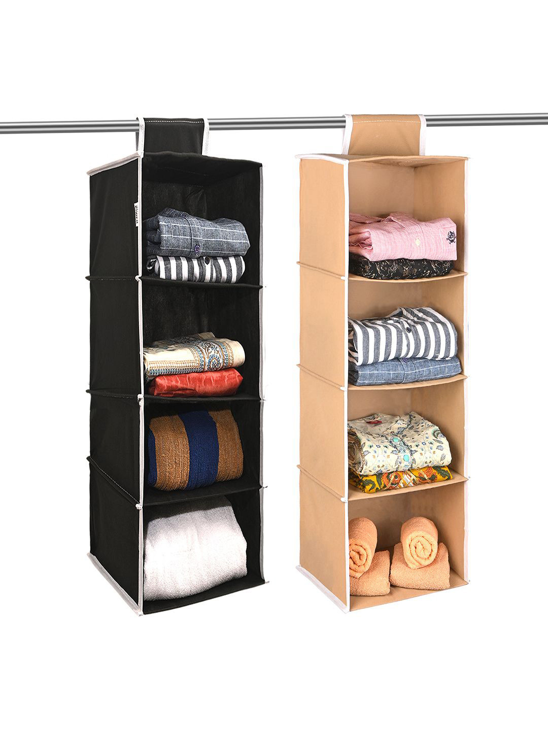 Kuber Industries 2 Pieces Black & Brown 4 Shelf Hanging Cloth Organisers