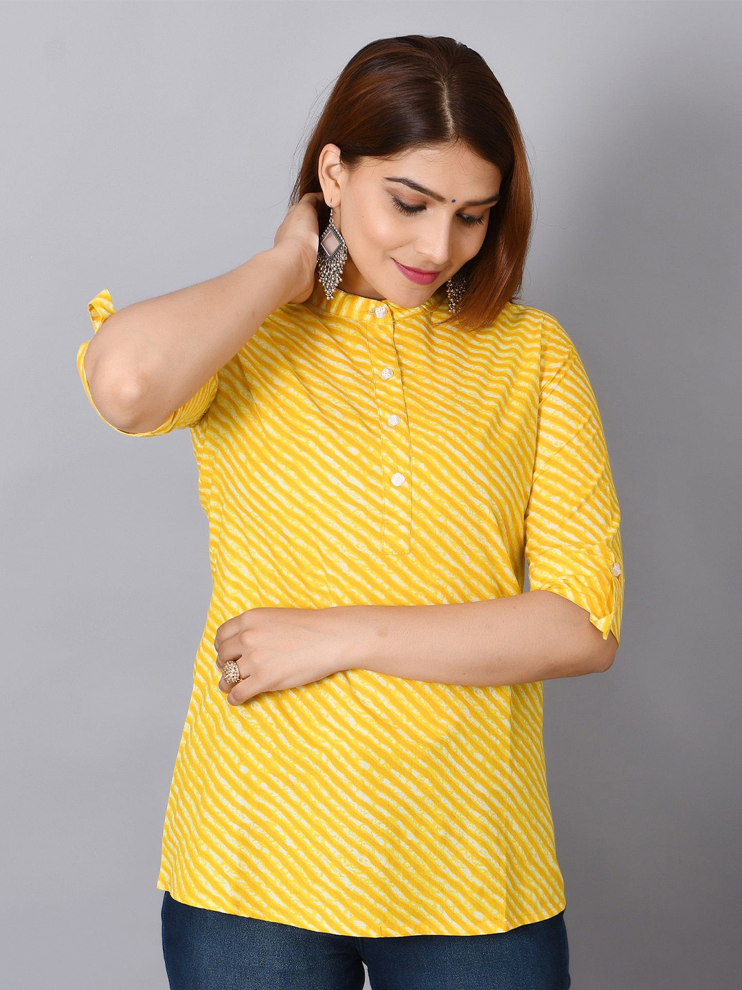 Billion Women Lehariya Printed Mandarin Collar Pure Cotton Kurti