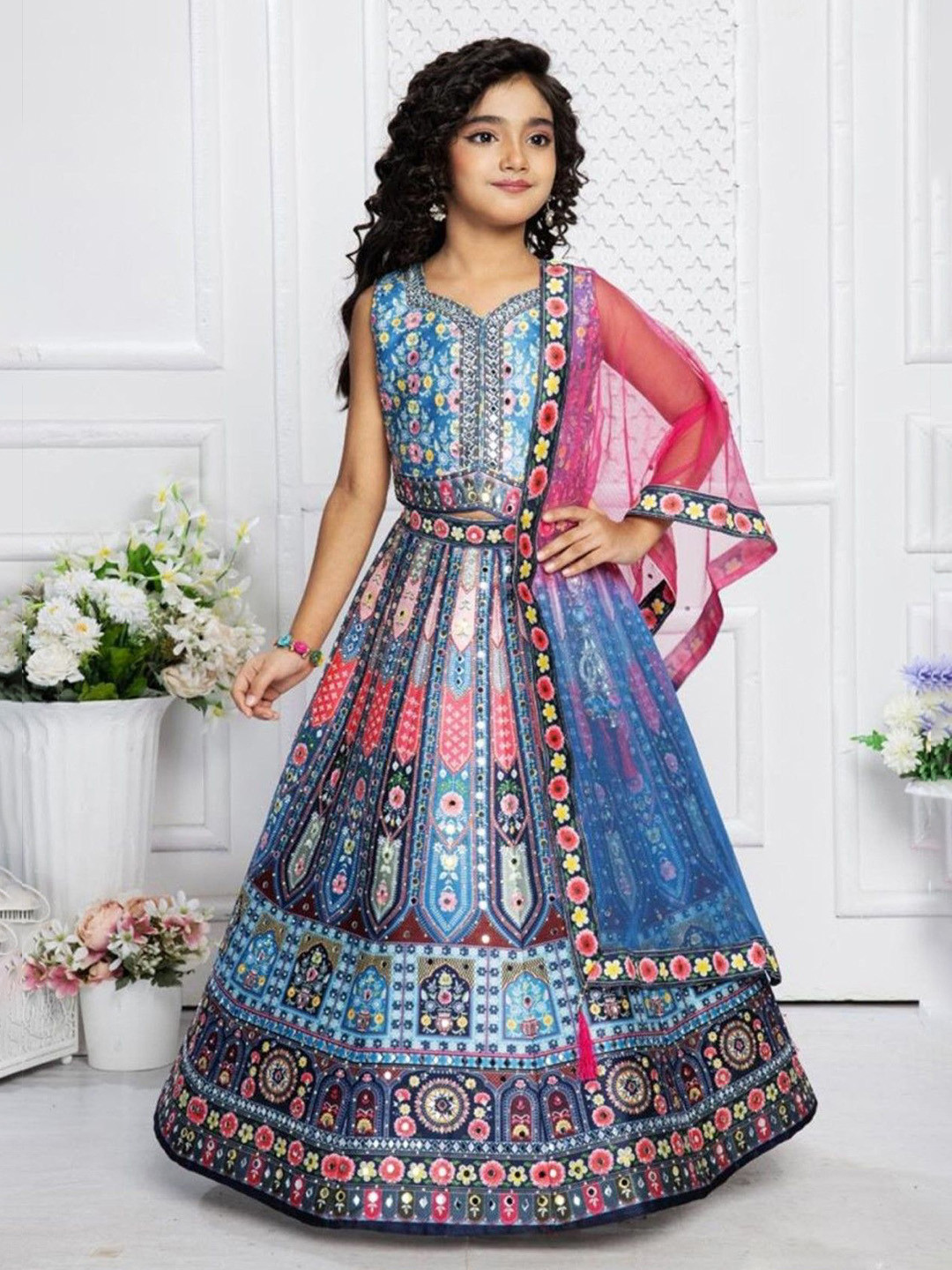 NKV Girls Printed Mirror Work Lehenga With Blouse & Dupatta