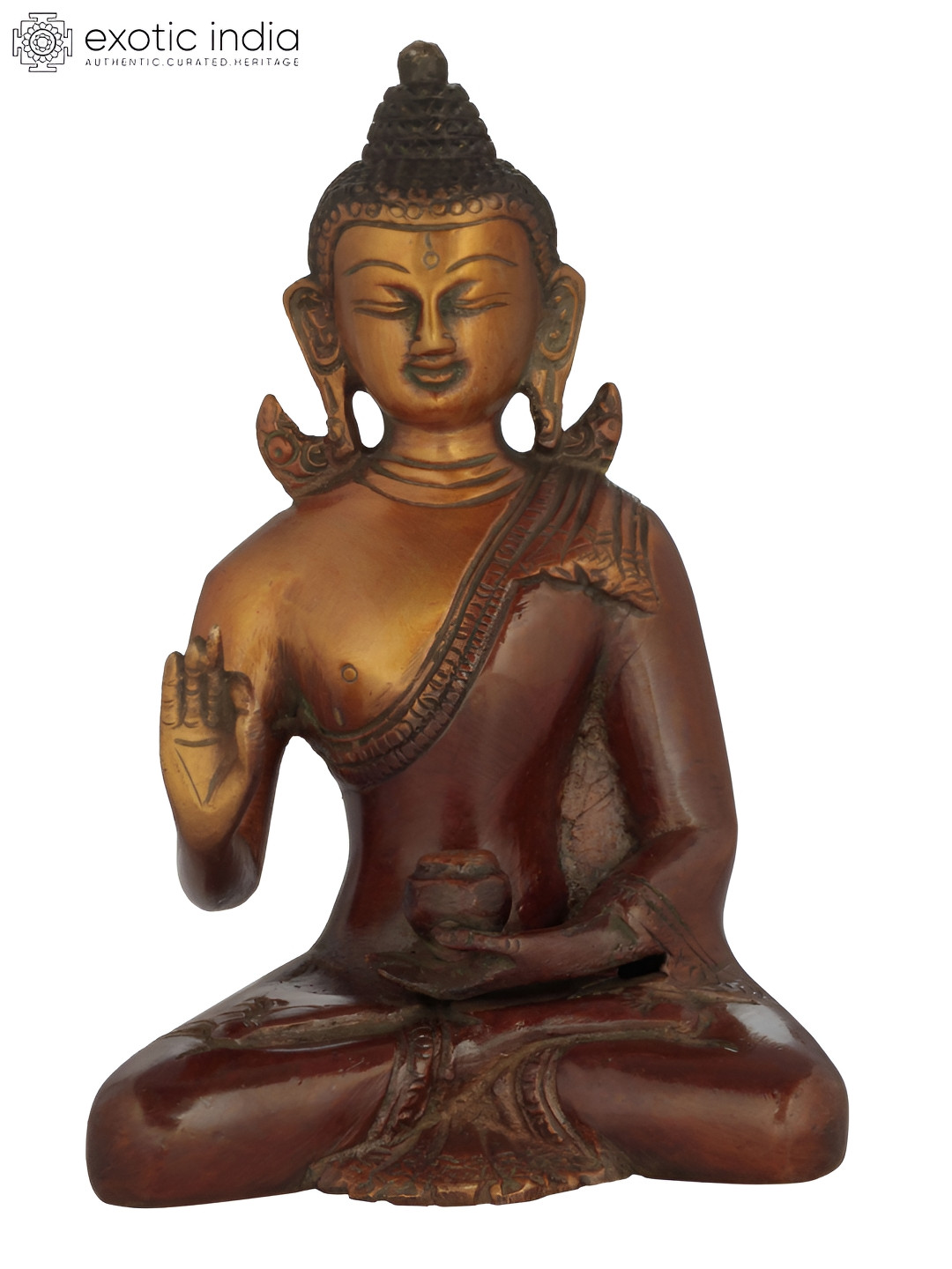 Exotic India Preaching Buddha Brown Brass Metallic Garden Medium Showpiece - 5.7 Inches