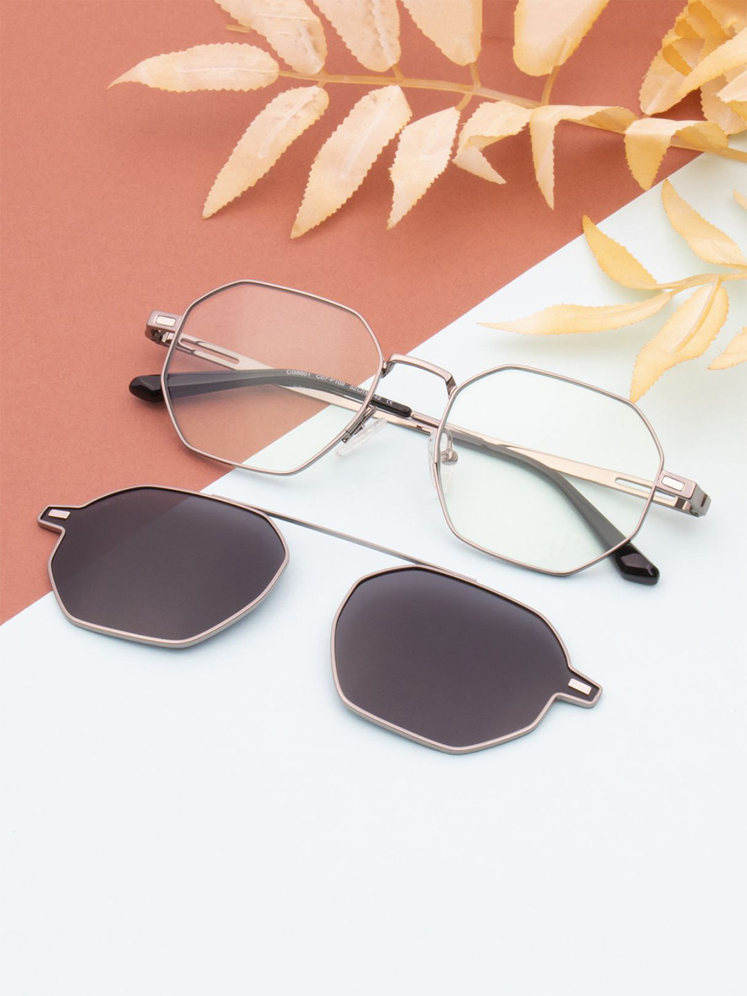 Ted Smith Unisex Silver-Black Hexogan Metal Clip On Frames Clip On Sunglasses With Polarized Lens