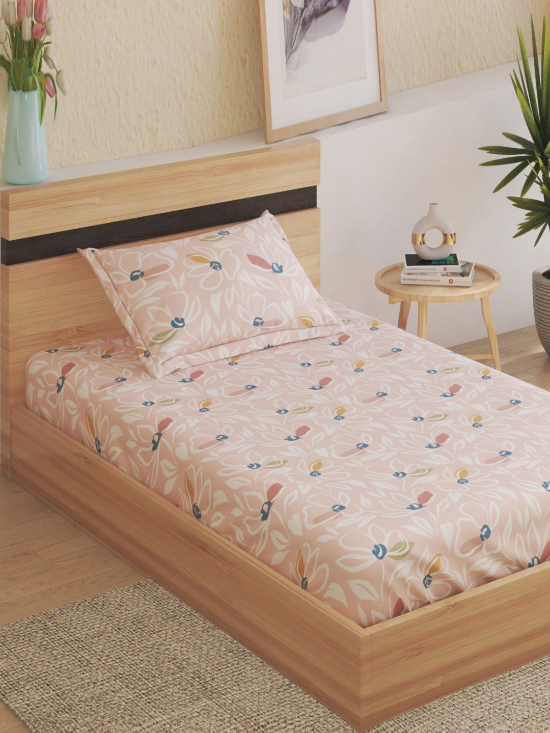 Home Centre Pink Floral Polyester Shrink Resistant 160 TC Single Bedsheet with a Pillow Cover-86 x 60 inches