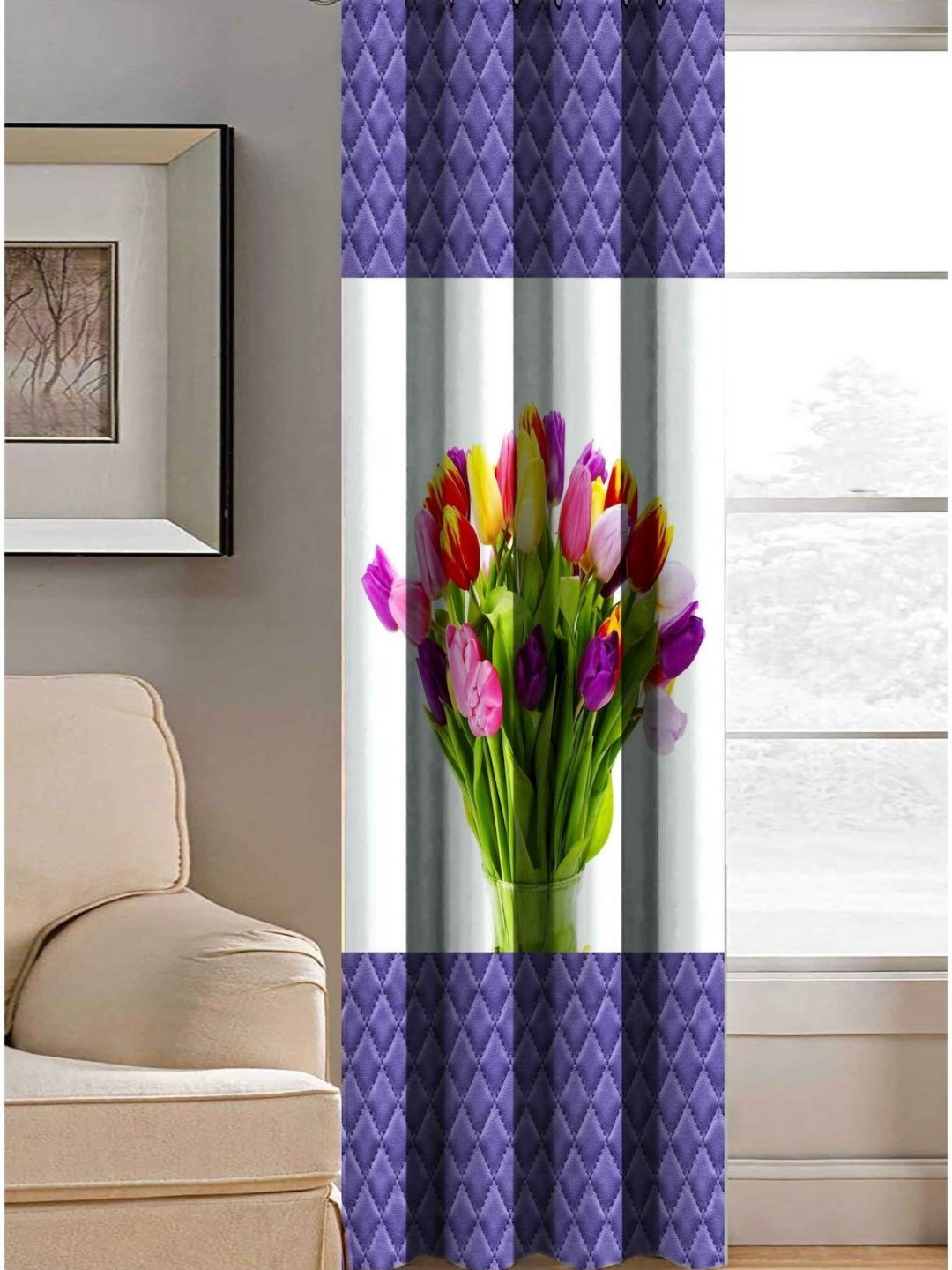 Aura White & Blue Floral Printed Light Blocking Window Curtain